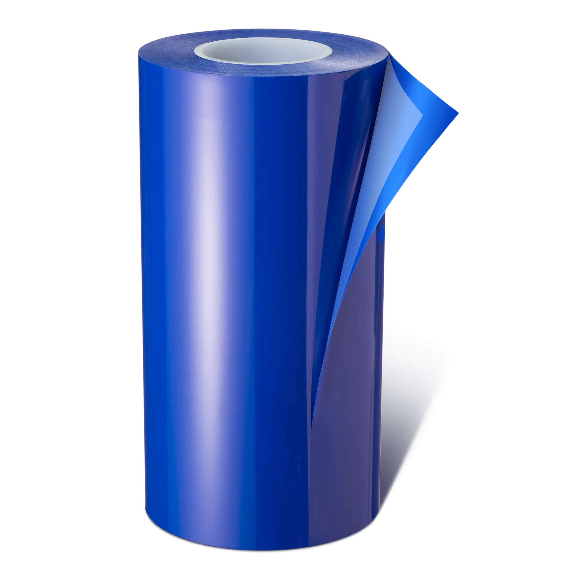 blue tesa adhesive film roll with one corner slightly peeled, isolated on white background (This text has been generated by AI)