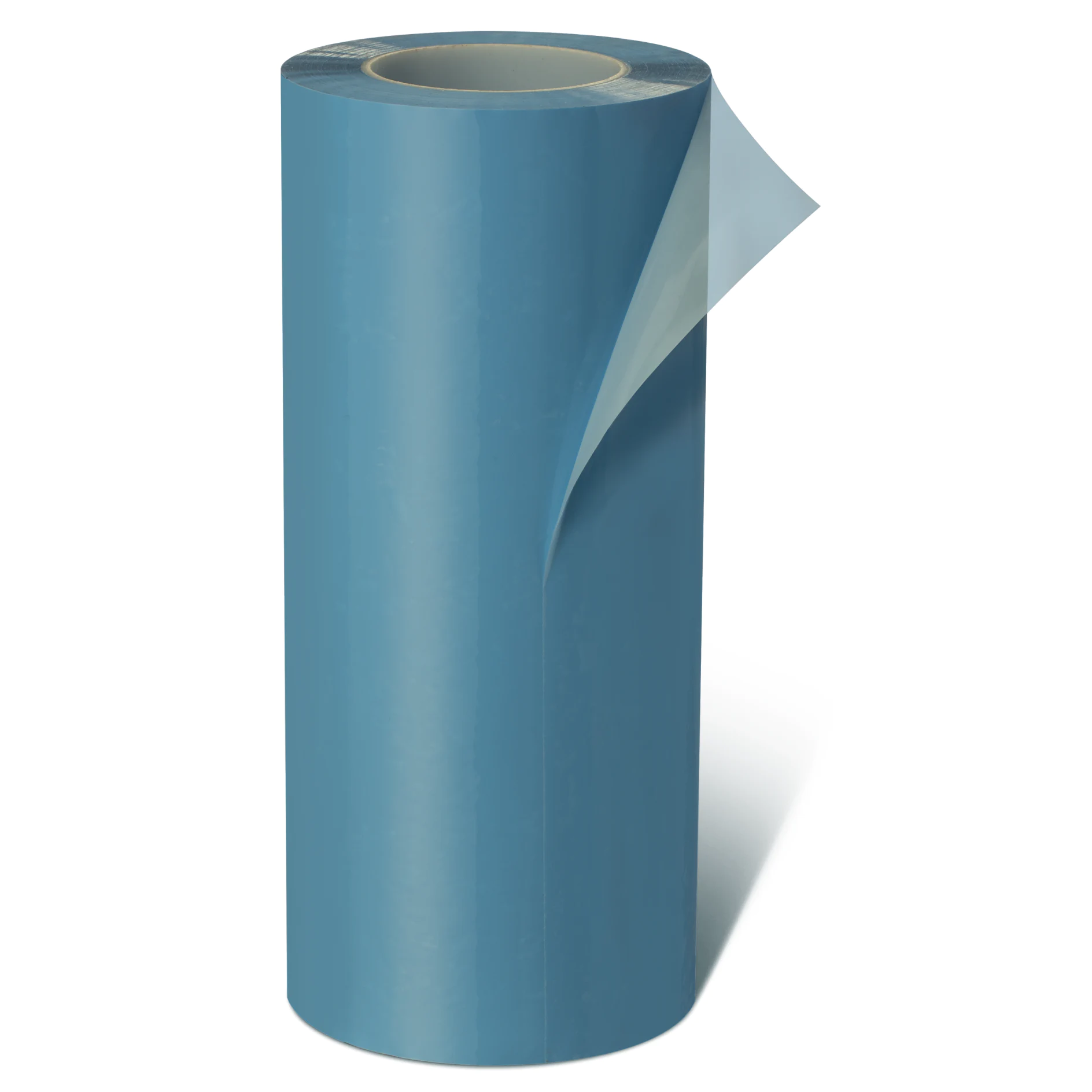blue tesa adhesive film roll with a partially peeled corner on a white background (This text has been generated by AI)