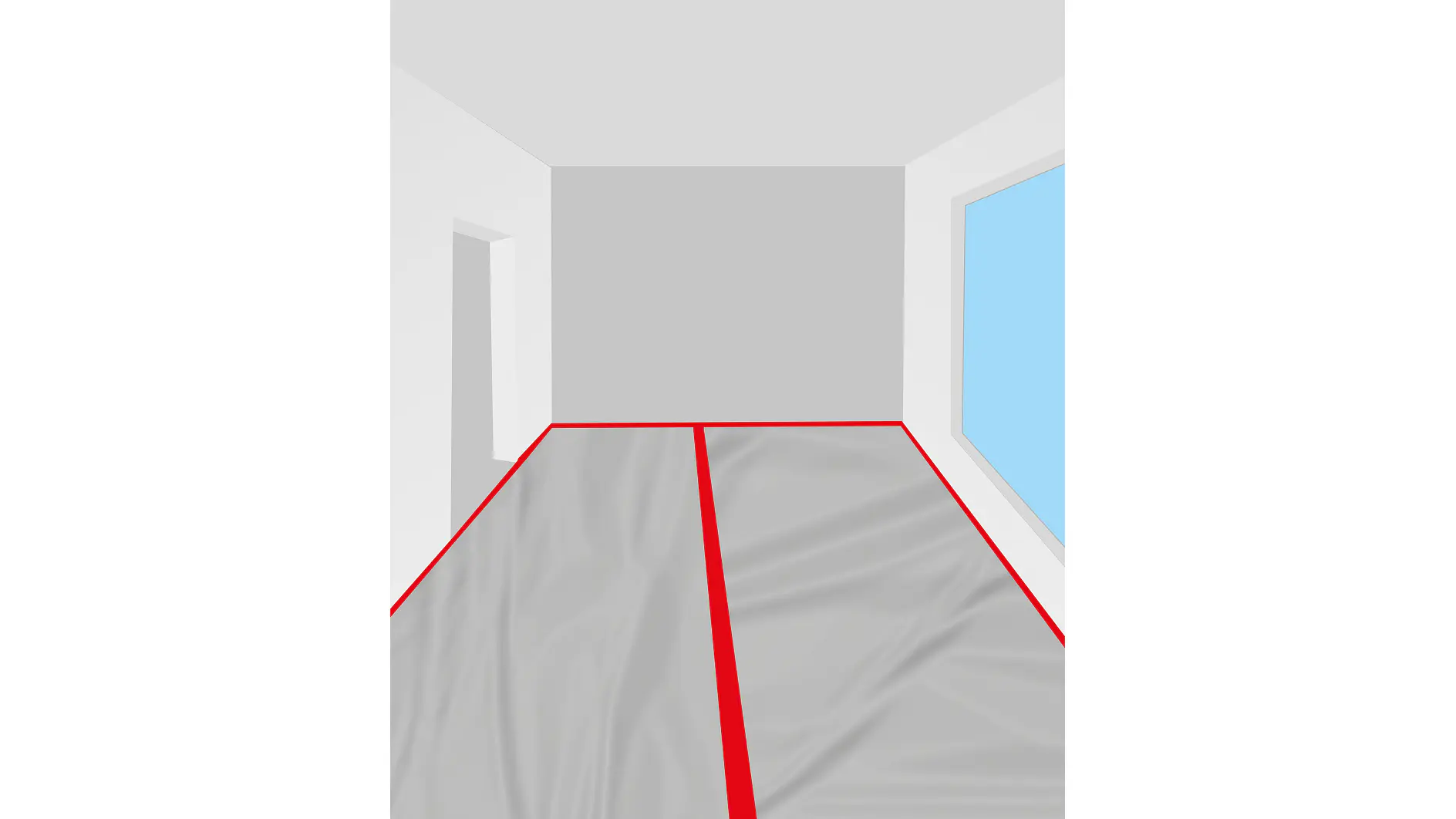 A room with a smooth gray floor featuring a wrinkled texture, divided by a red tesa tape line down the middle. The room has white walls, a large window on the right, and an open doorway on the left. (This text has been generated by AI)