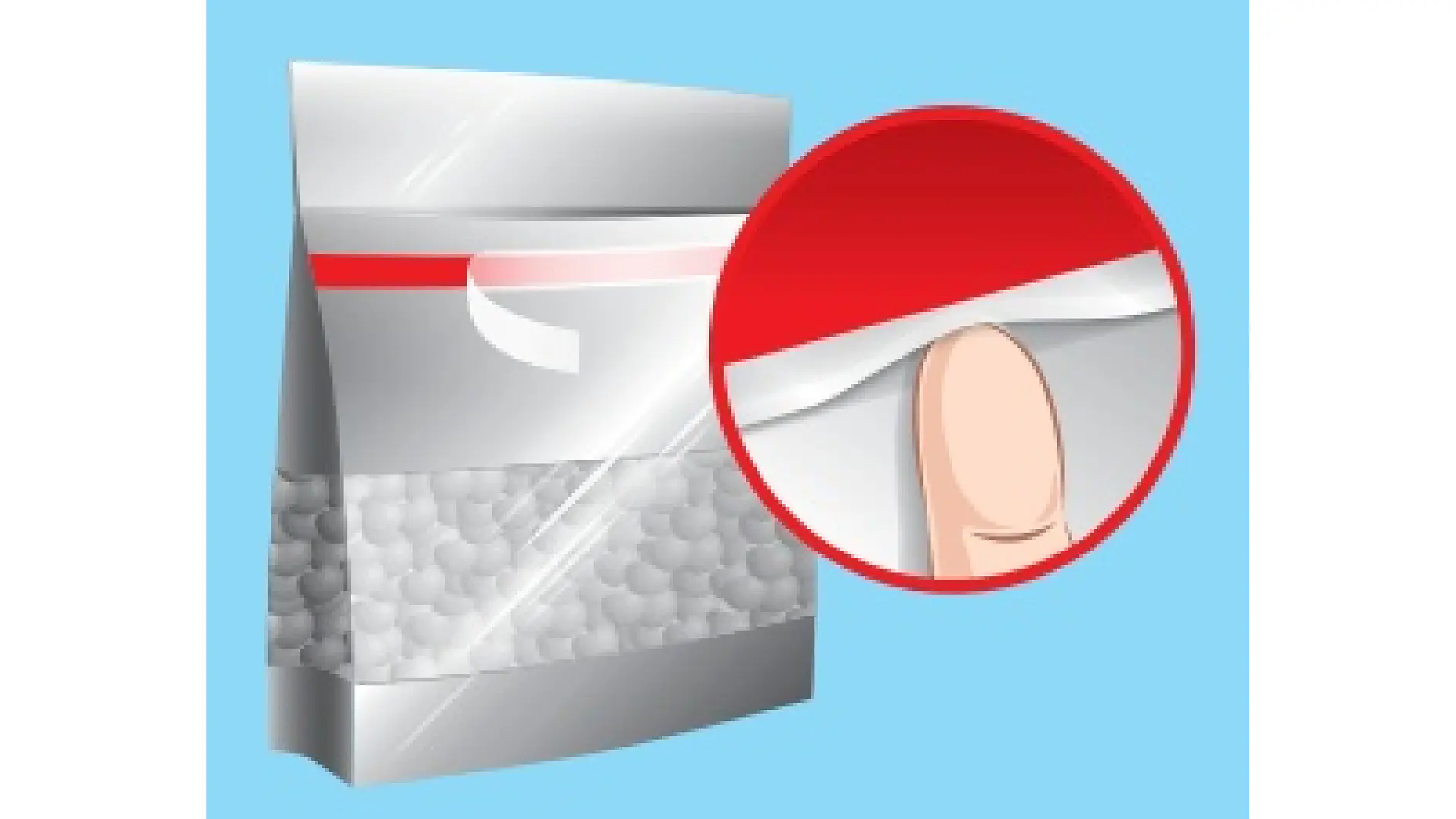 Illustration of a resealable plastic bag with a red and white seal. A finger peels back the tesa tape adhesive strip in a close-up inset, demonstrating the sealing process. The bag contains small, round items and is set against a light blue background. (This text has been generated by AI)