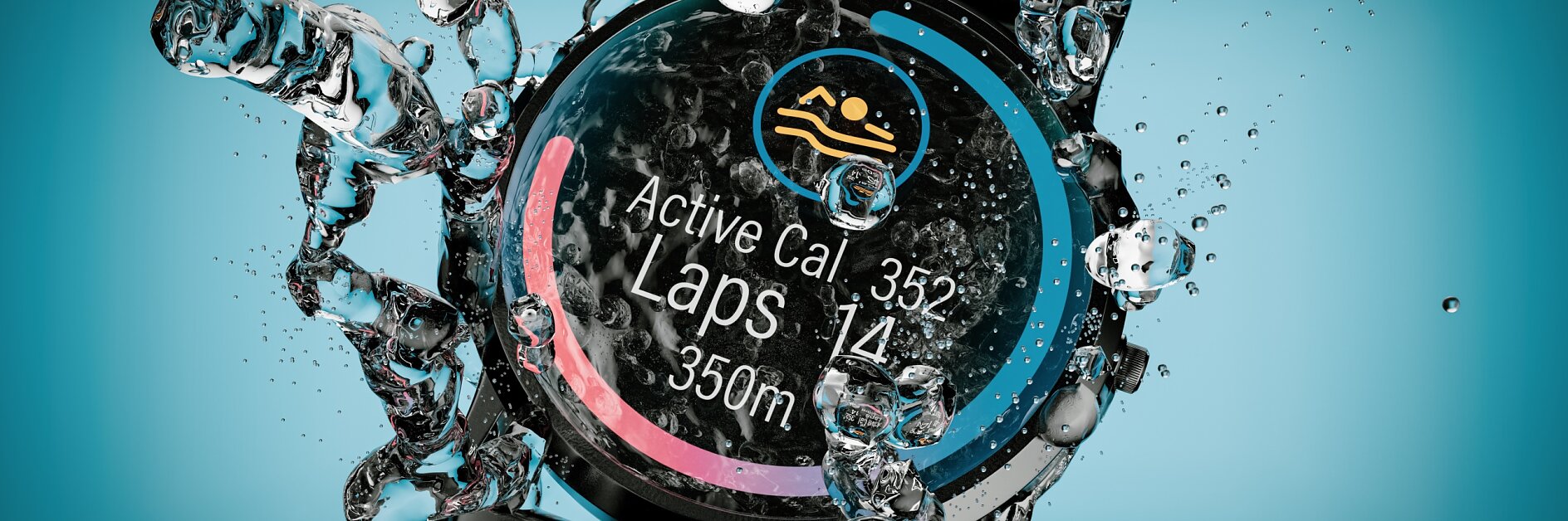 A smartwatch is submerged in water against a light blue background, secured with tesa tape. The display shows swimming data, with active calories burned at 352, laps at 14, and a distance of 350 meters. Water bubbles and droplets surround the watch.
