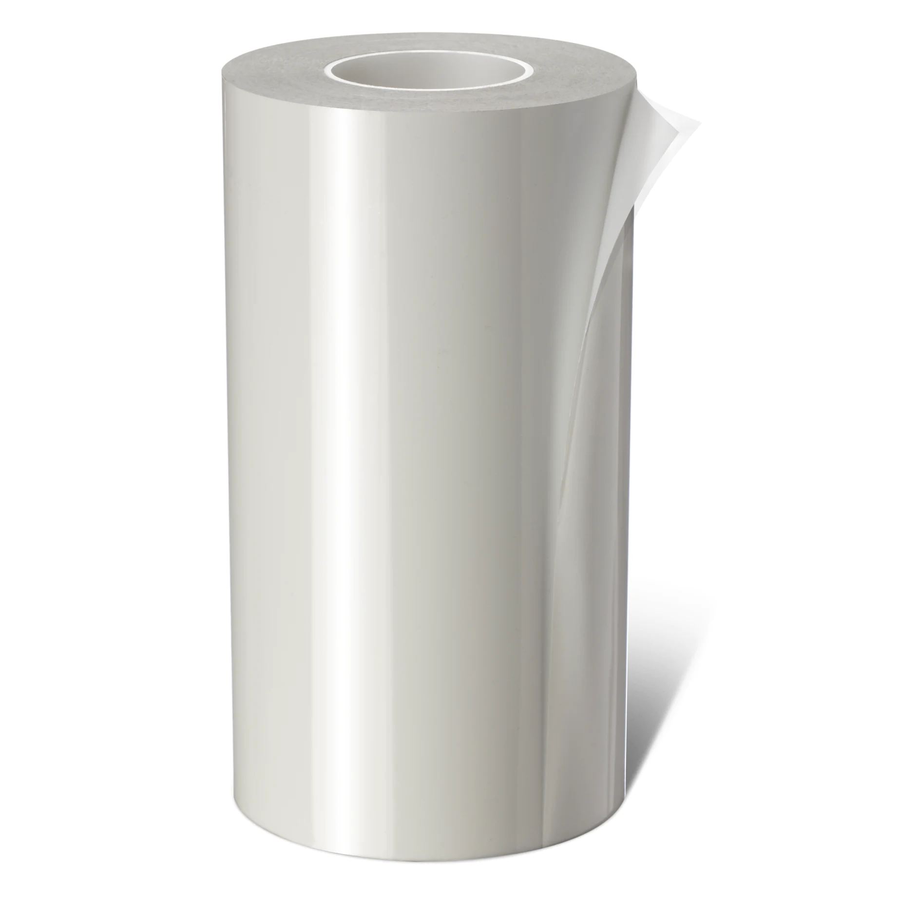 roll of clear tesa adhesive tape standing upright on a white background with a loose end peeling away (This text has been generated by AI)