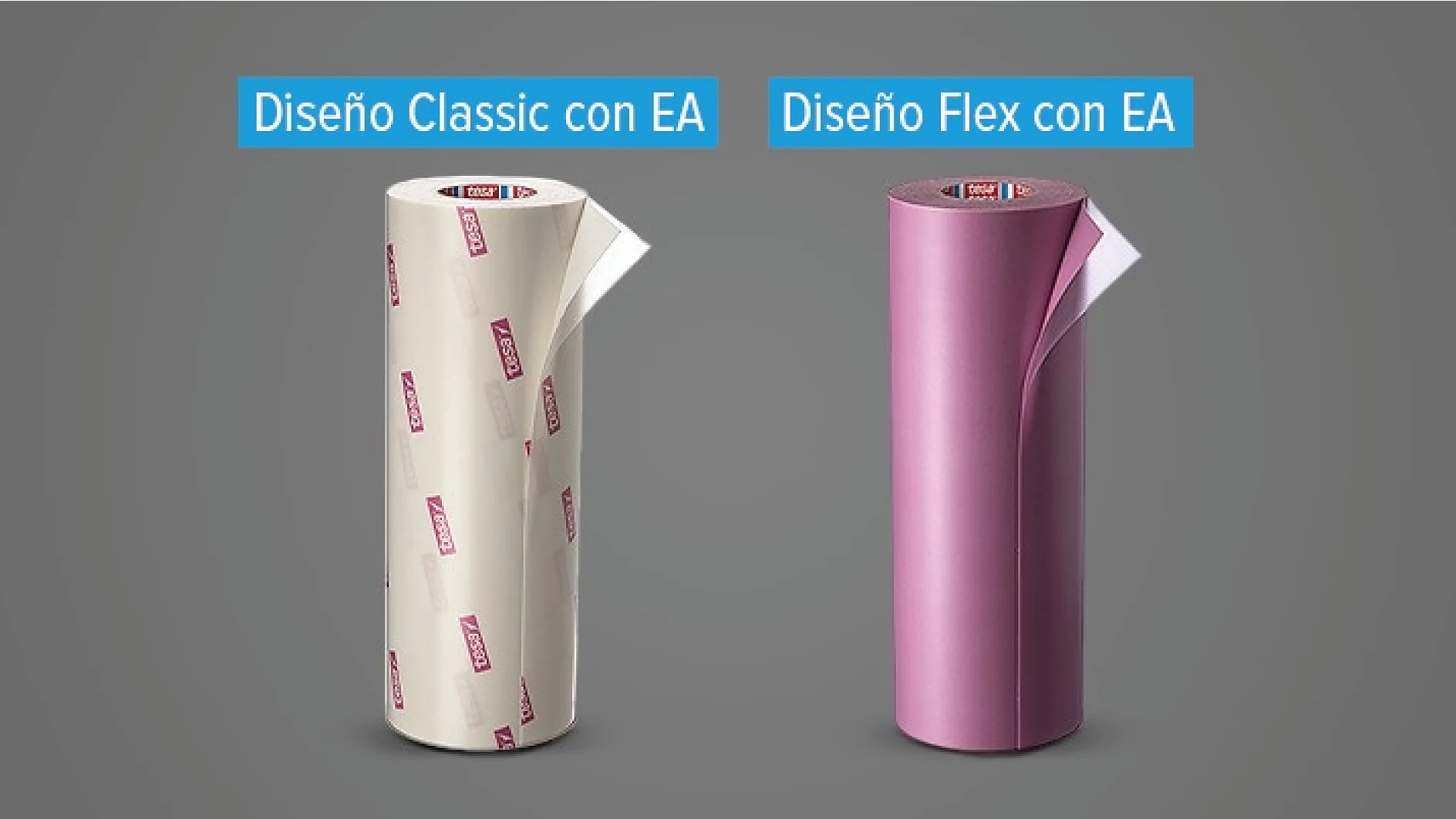 Dos rollos de vinilo se encuentran en posición vertical sobre un fondo gris. El rollo de la izquierda, con la etiqueta Diseño Classic con EA, es de color beige con texto impreso unido con cinta tesa. El rollo de la derecha, con la etiqueta Diseño Flex con EA, es de color malva sólido, también asegurado con cinta tesa. Ambos tienen una esquina ligeramente despegada. (This text has been generated by AI)