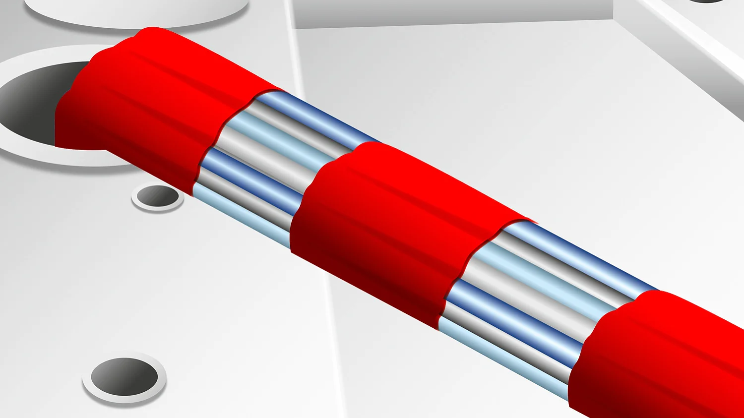 specialty_vehicles_tesa_tape_for_caravans_cable_installation_and_marking Close-up illustration of a red cable with exposed metal cores at its ends, secured with tesa tape through a gray surface with circular cutouts, depicting a technical or electronic concept. (This text has been generated by AI)