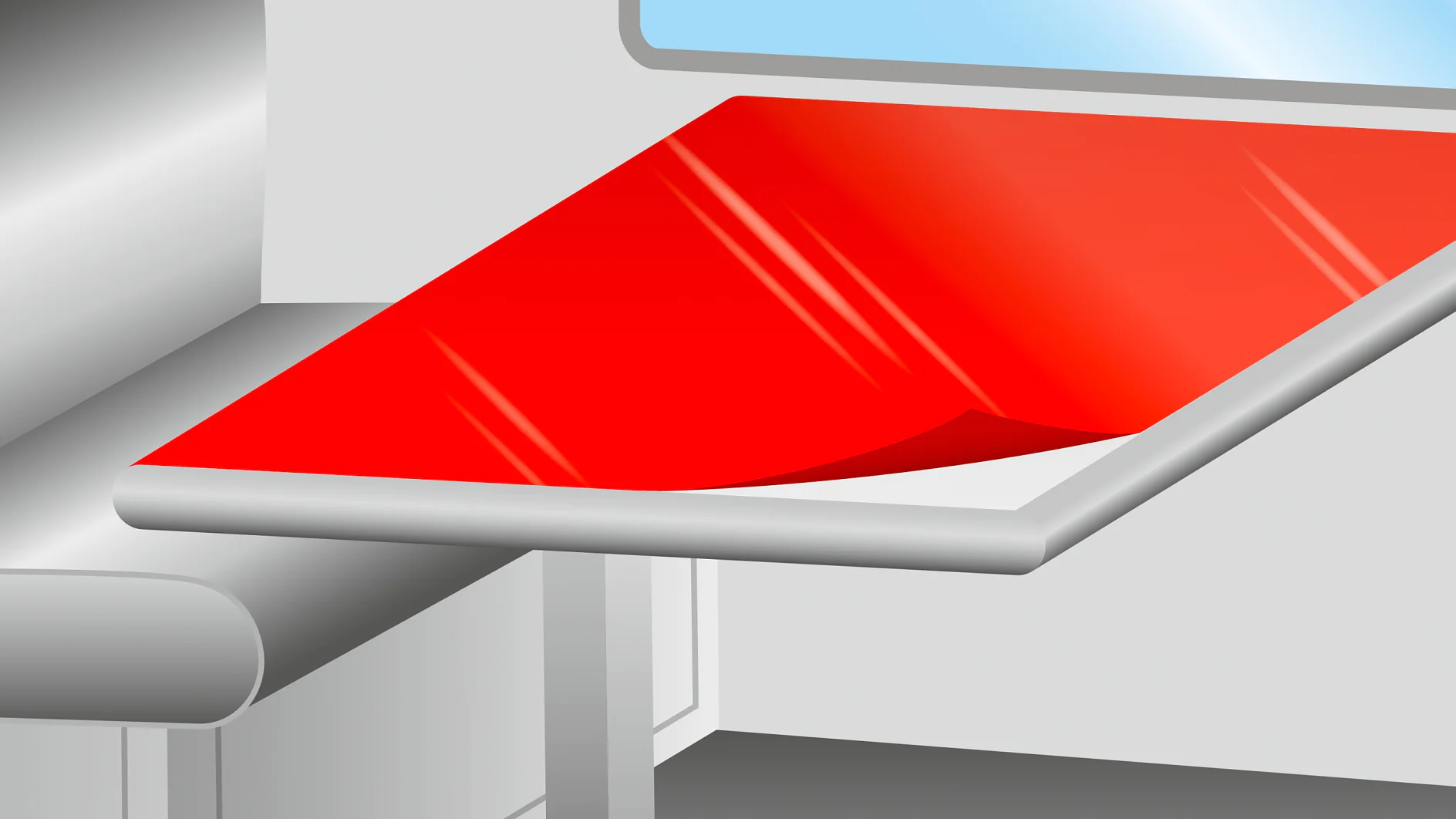 specialty_vehicles_tesa_tape_for_caravans_temporary_surface_protection A modern interior scene features a gray bench positioned next to a table adorned with a red glossy tablecloth that is partially pulled back using tesa tape. Above the table, theres a large rectangular window offering a view of the blue sky. (This text has been generated by AI)