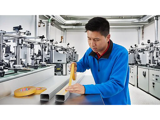 Una persona con una camisa azul mide una viga de metal con una cinta métrica tesa amarilla en un laboratorio. La habitación está equipada con varios instrumentos y equipos mecánicos y hay dos rollos de cinta tesa cerca de la viga. (This text has been generated by AI)