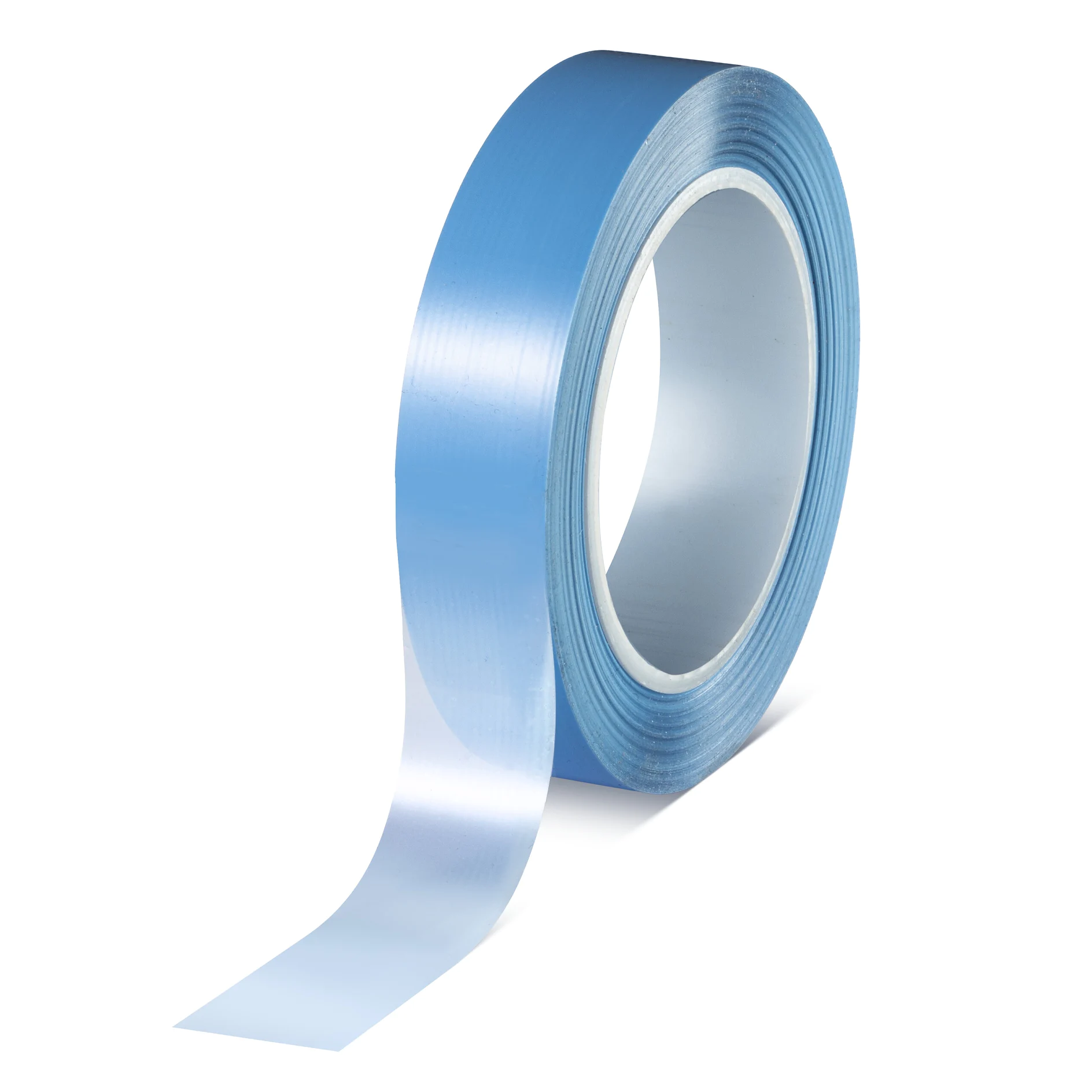 roll of translucent blue tesa adhesive tape with a portion unrolled on a white background (This text has been generated by AI)
