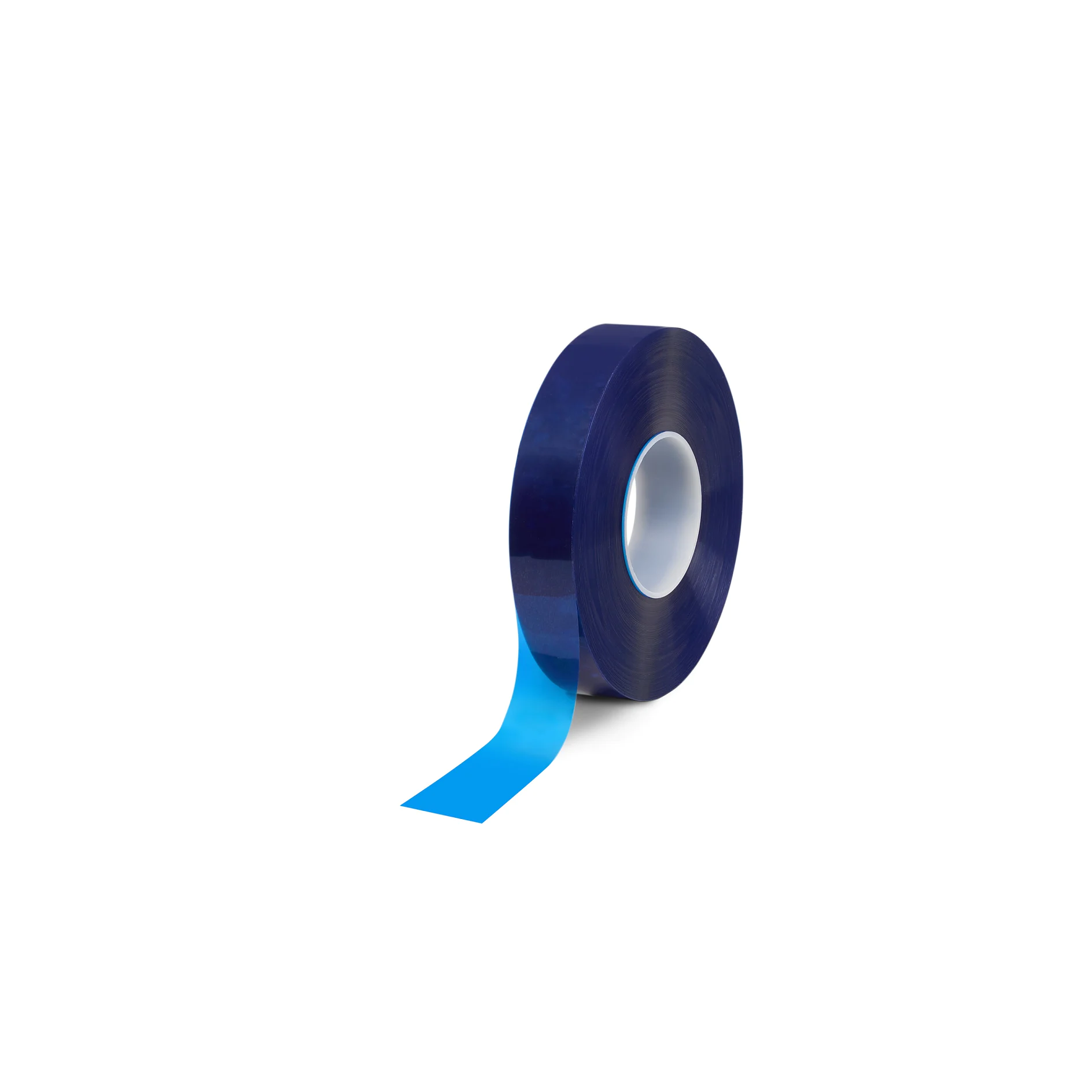 roll of blue adhesive tape partially unrolled on white background, isolated product shot (This text has been generated by AI)