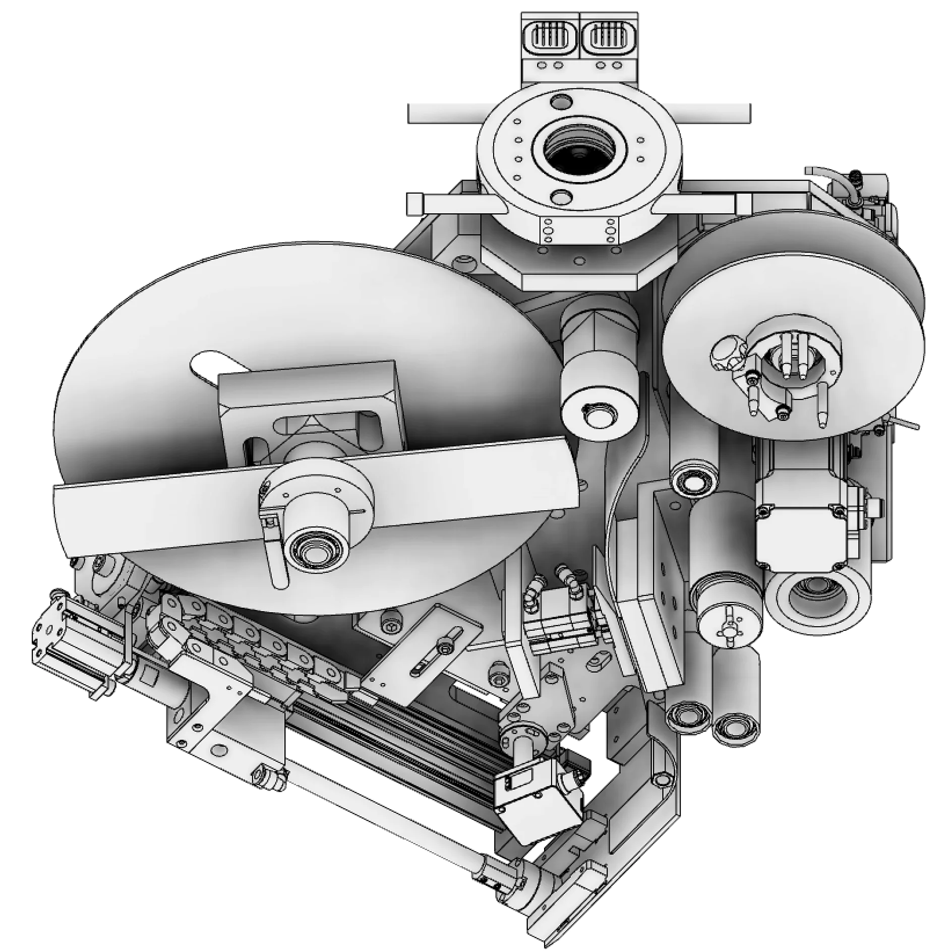 tesa industrial tape dispenser with dual large reels and mechanical components in a grayscale technical illustration (This text has been generated by AI)