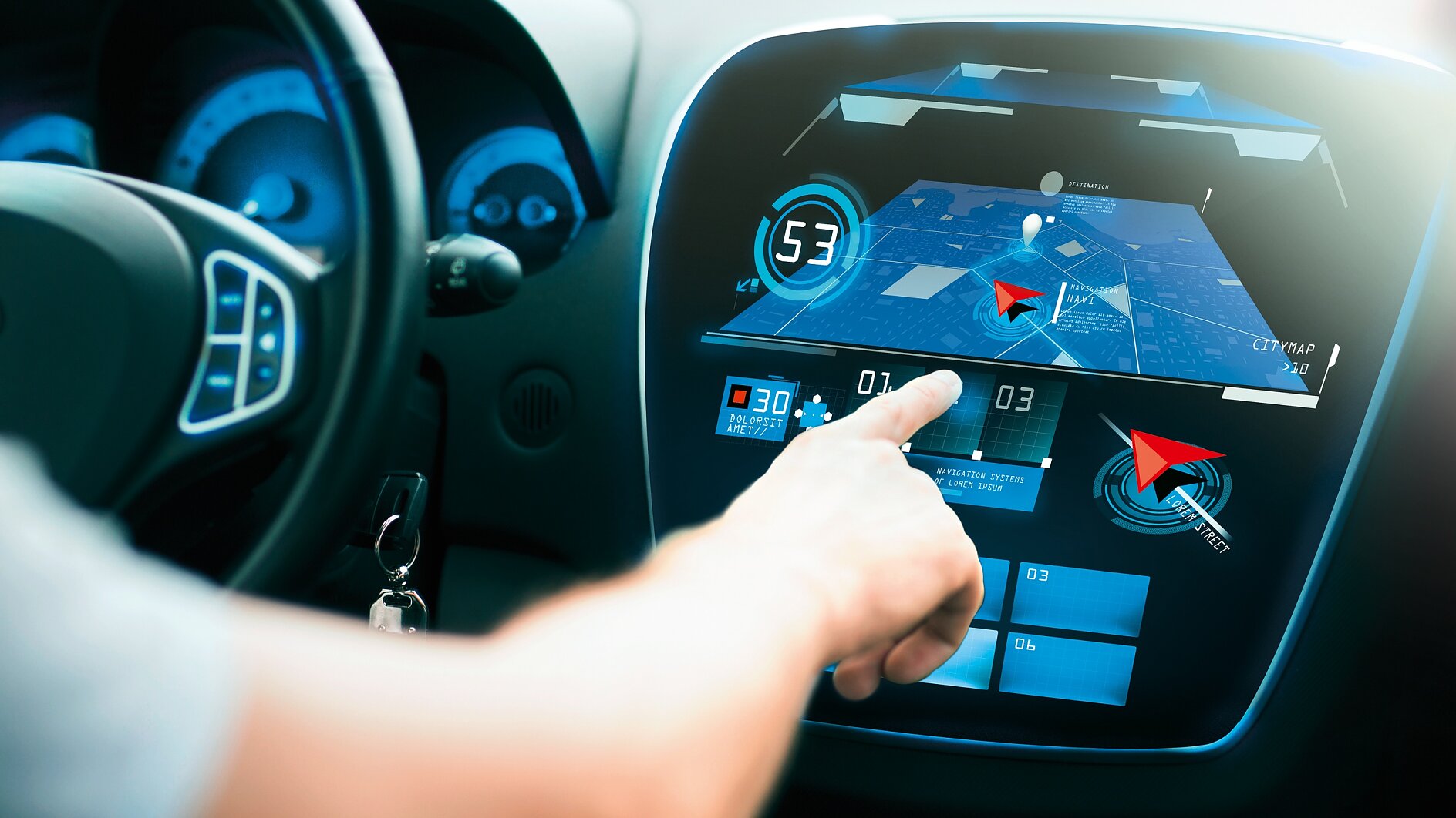 Una persona utiliza la pantalla táctil del salpicadero de un coche futurista con navegación y controles digitales, seleccionando una ruta con cinta tesa. (This text has been generated by AI)