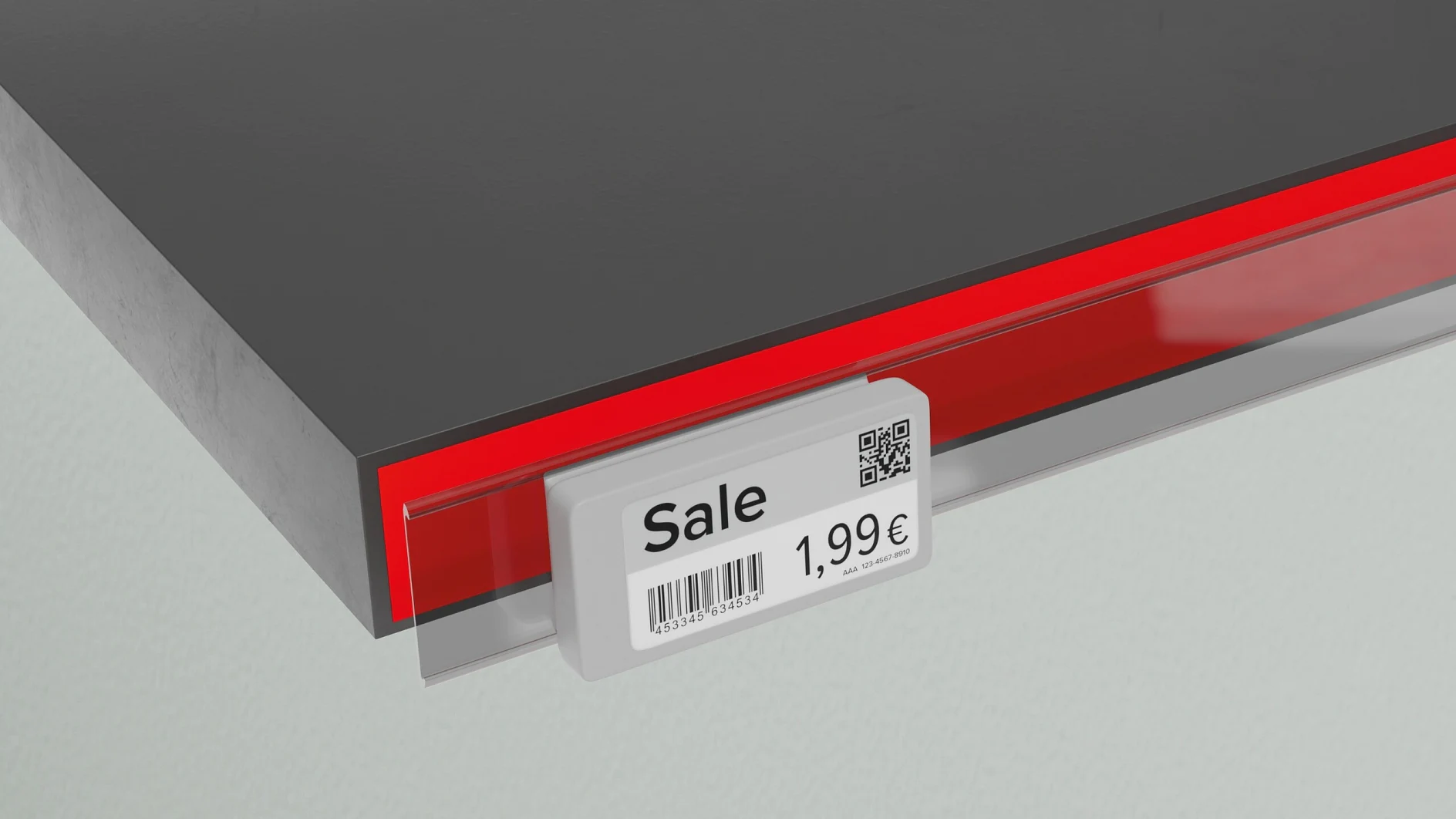 tesa red shelf label holder attached to a gray retail shelf displaying a sale price tag of 1.99€ in an indoor store setting (This text has been generated by AI)