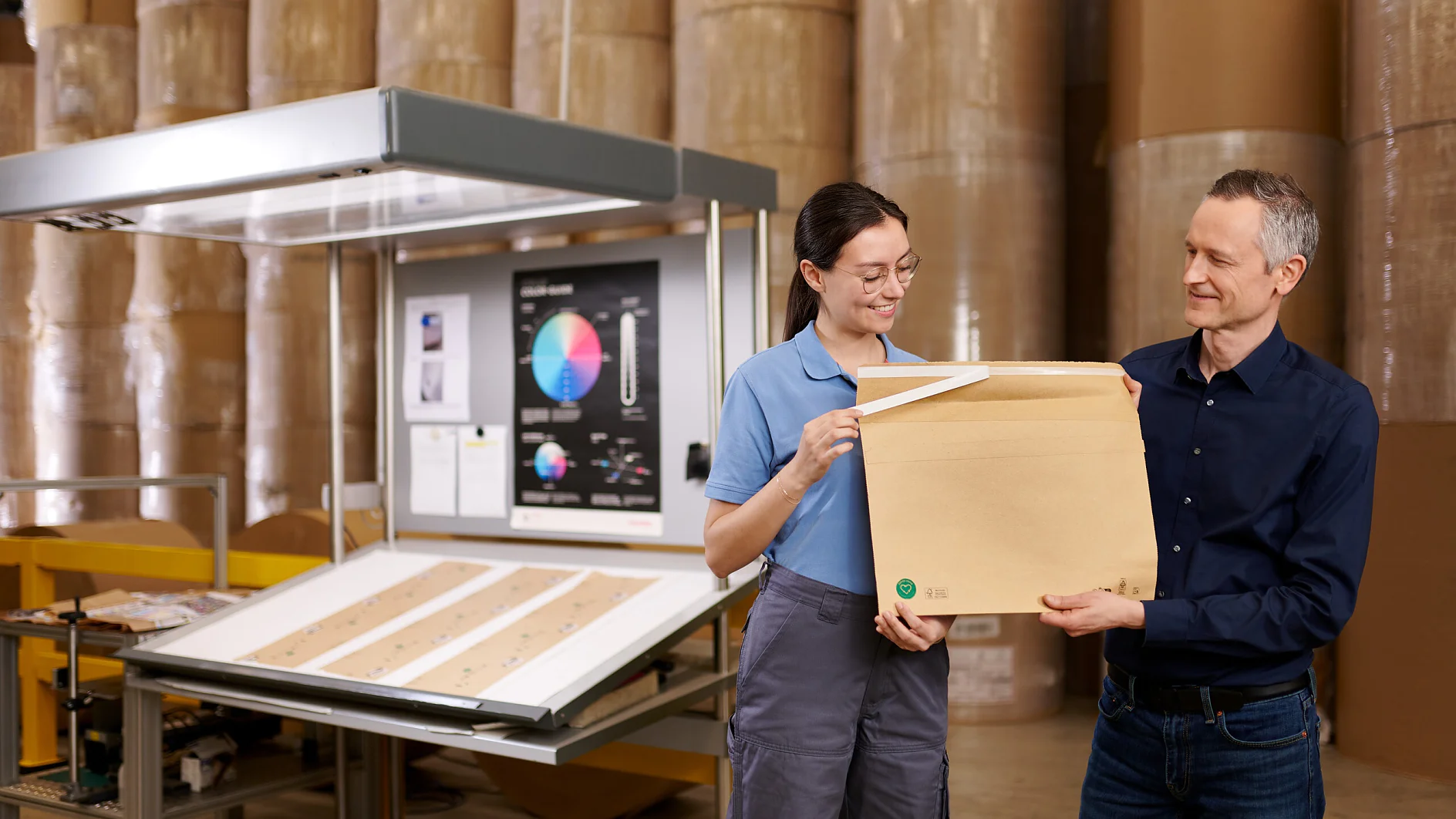 two workers in a warehouse holding a cardboard box near large rolls of paper and a printing machine labeled tesa (This text has been generated by AI)