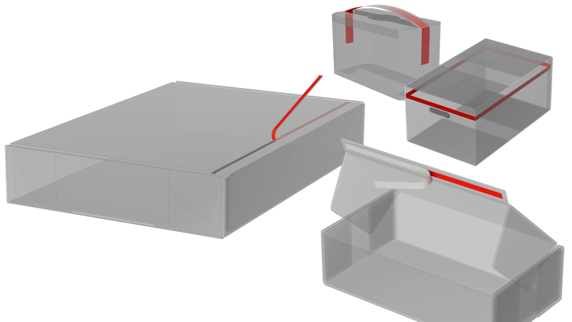 Transparent 3D renderings of various types of boxes are displayed, including a rectangular lid box, a box with a retractable handle, a small box with a flap, and an open-top box. Red lines highlight opening mechanisms and edges using tesa tape. (This text has been generated by AI)