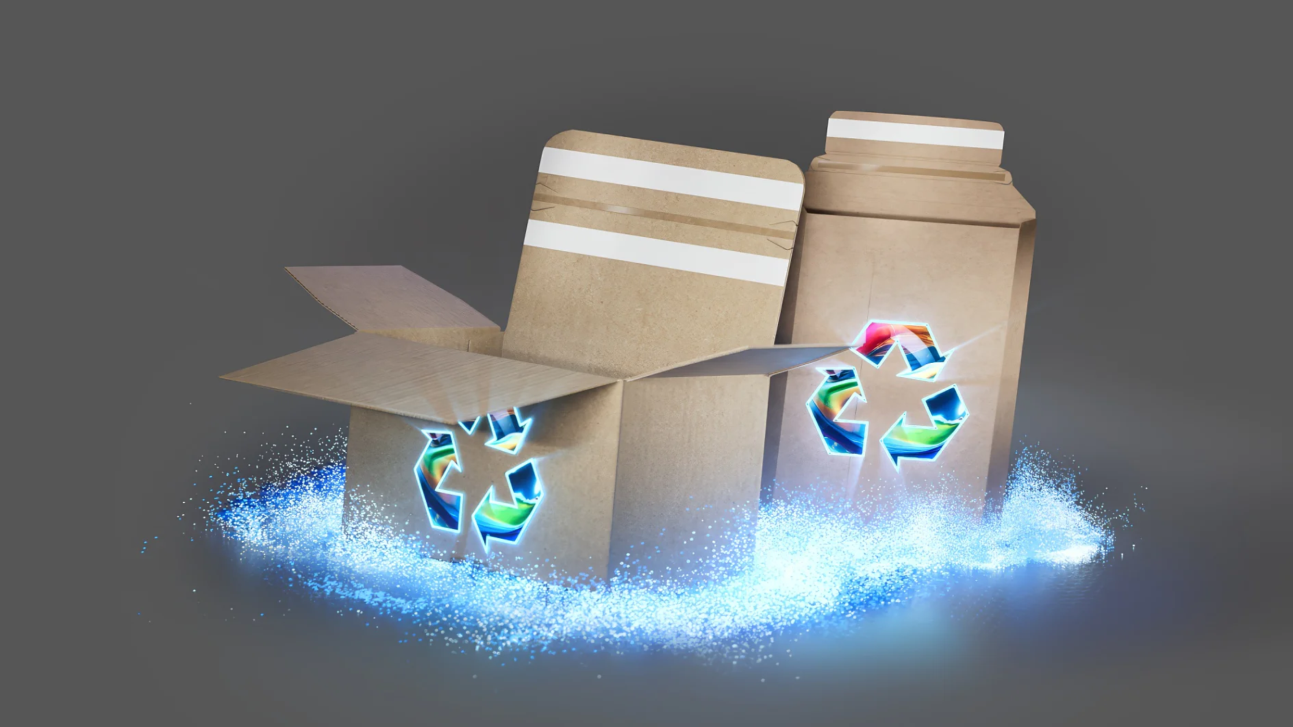 Two cardboard boxes with recycling symbols are surrounded by a glowing blue aura against a gray background. One box is open, sealed with tesa tape, and the other is closed. The scene conveys a sense of eco-friendly recycling. (This text has been generated by AI)