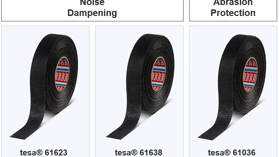 Three black adhesive tesa tapes on display. The first tesa tape, labeled tesa® 61623, is for noise dampening. The second, tesa® 61638, and the third, tesa® 61036, are for abrasion protection. Each tesa tape is partially unrolled with a visible red core. (This text has been generated by AI)