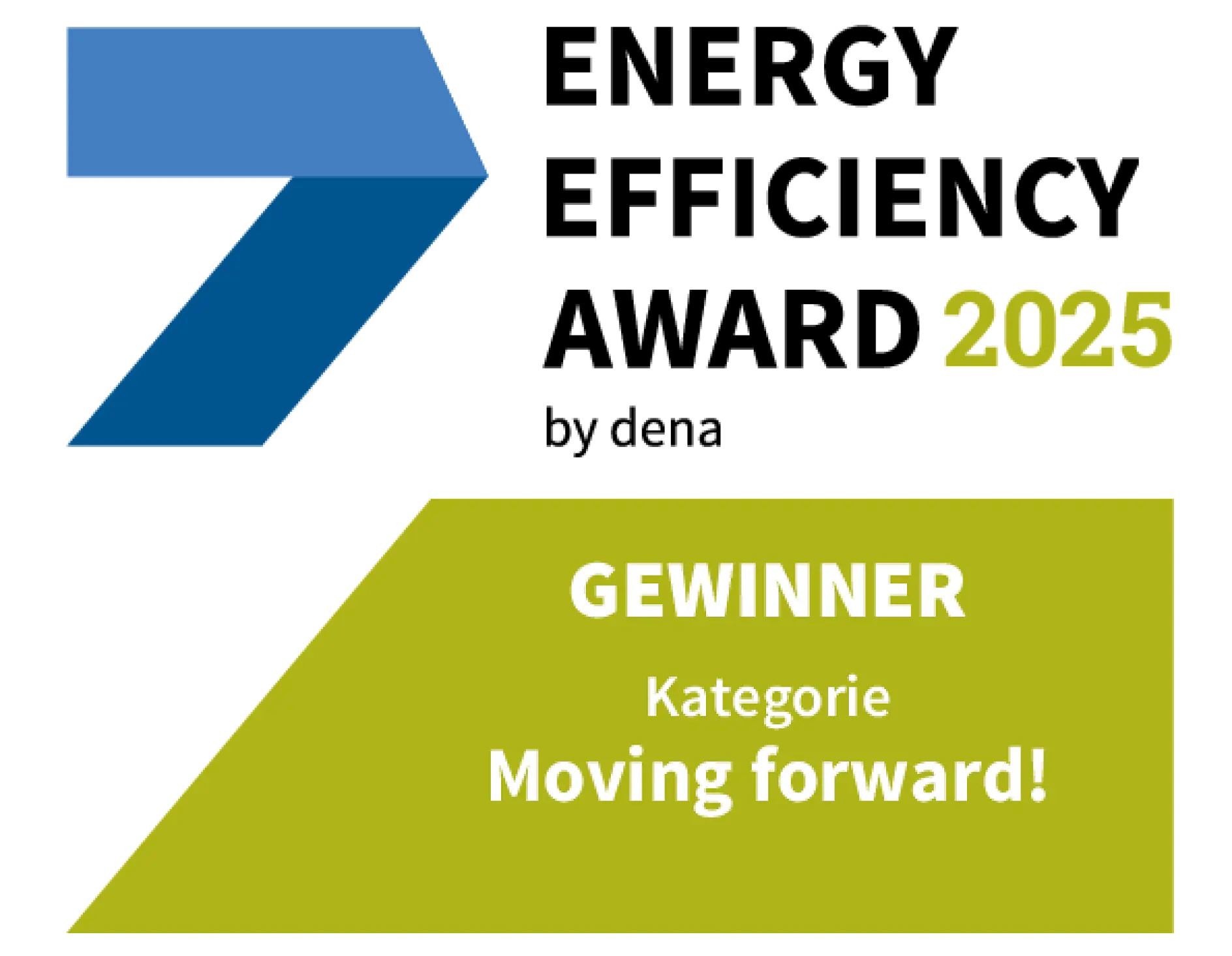 Un gráfico del Premio a la Eficiencia Energética 2025 de dena. Abajo, un recuadro verde muestra la cinta tesa GEWINNER Kategorie Moving forward! en alemán y texto en inglés.