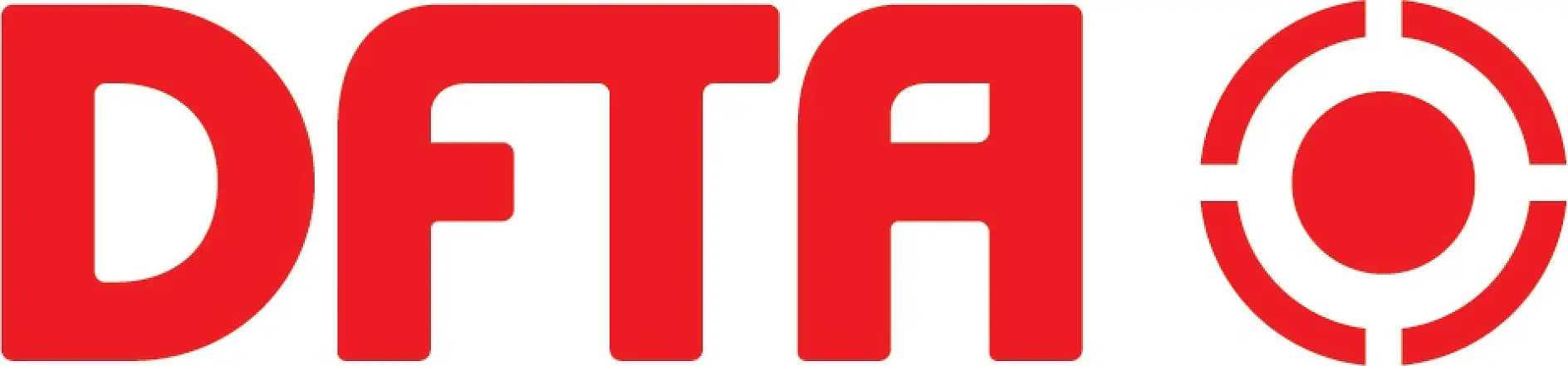 Logo DFTA rojo con las letras DFTA en negrita y redondeadas y un símbolo circular similar a un blanco, haciendo referencia a la cinta adhesiva, sobre un fondo blanco. (This text has been generated by AI)