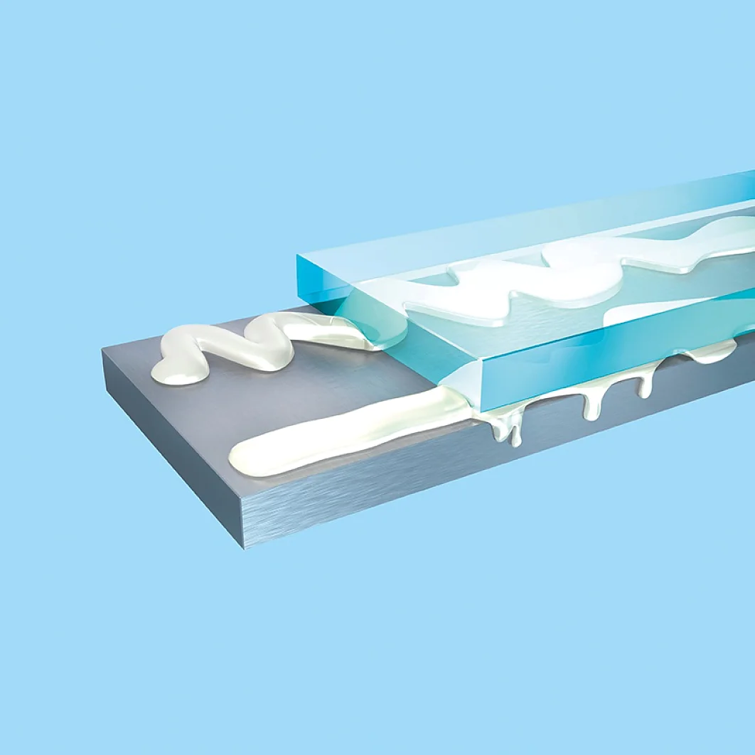 Transparent blue acrylic sheets with textured white tesa tape are layered on a rectangular gray metal sheet. The tesa tape is visibly squeezed, spilling over the edges against a light blue background. (This text has been generated by AI)