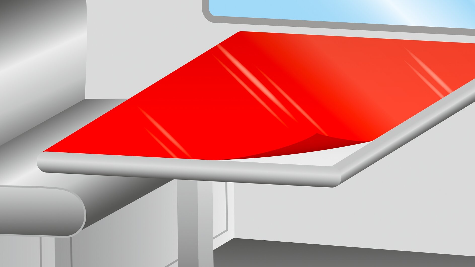 specialty_vehicles_tesa_tape_for_caravans_temporary_surface_protection A modern interior scene features a gray bench positioned next to a table adorned with a red glossy tablecloth that is partially pulled back using tesa tape. Above the table, theres a large rectangular window offering a view of the blue sky. (This text has been generated by AI)