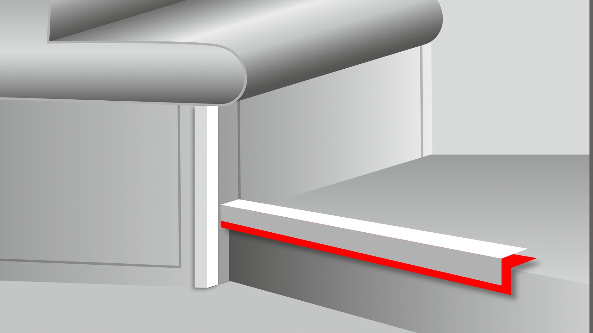 specialty_vehicles_tesa_tape_for_mounting_of_add_on_components_trucks_caravans Illustration of a cross-section view showing a chair intersecting a wall with a red and white lip protruding from the base, resembling a staircase. The design highlights the structure and base positioning. (This text has been generated by AI)