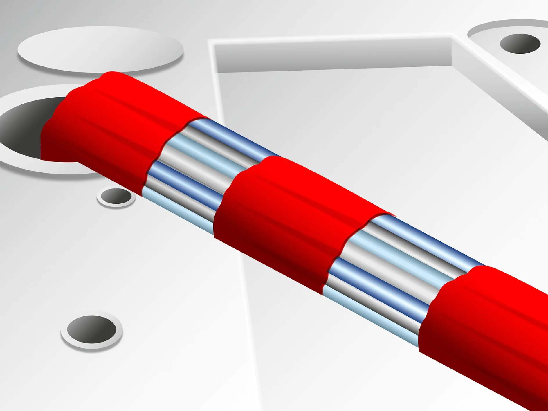 Close-up illustration of a red cable with exposed metal cores at its ends, secured with tesa tape through a gray surface with circular cutouts, depicting a technical or electronic concept. (This text has been generated by AI)