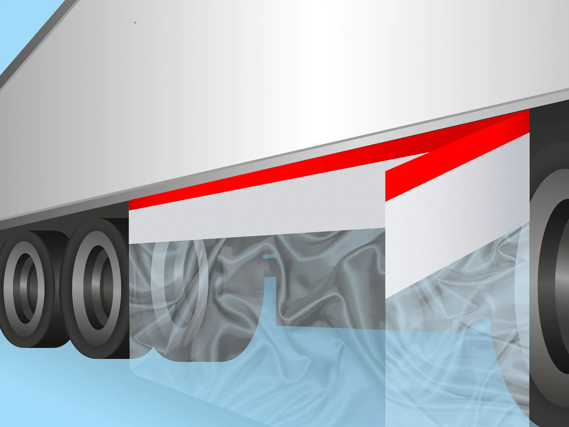 Illustration of a trucks side guard with a red and white geometric design. The background features a blue gradient, and the wheels and undercarriage are visible with a translucent effect. (This text has been generated by AI)