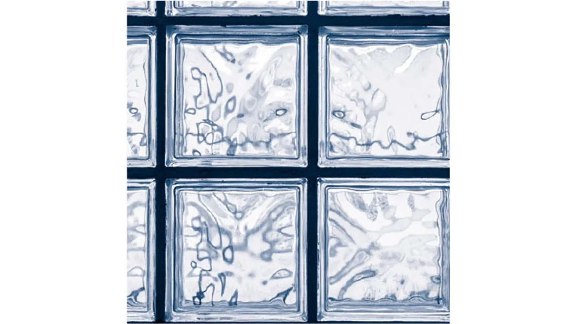 A close-up view of six square glass blocks arranged in two rows and three columns. Each block has a textured surface, providing a distorted view of light and shapes through the glass. The overall color is a bluish tint. (This text has been generated by AI)