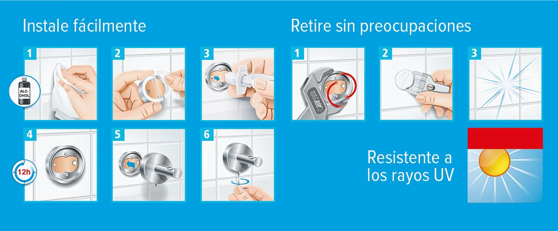 Instructional image showing steps to install and remove a bathroom fixture. Steps 1-6 depict the process with hands using tesa tape adhesive. Another section shows clockwise removal. Text indicates UV resistance. Background is blue. (This text has been generated by AI)