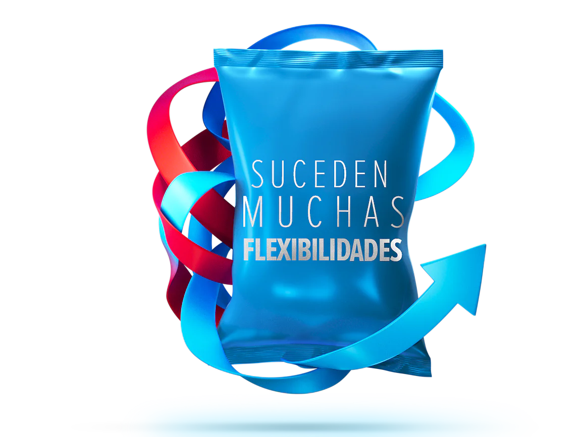 A blue bag with the text SUCEDEN MUCHAS FLEXIBILIDADES is surrounded by red and blue swirling ribbons, set against a gray background featuring tesa tape. An upward-pointing blue arrow is integrated into the design. (This text has been generated by AI)