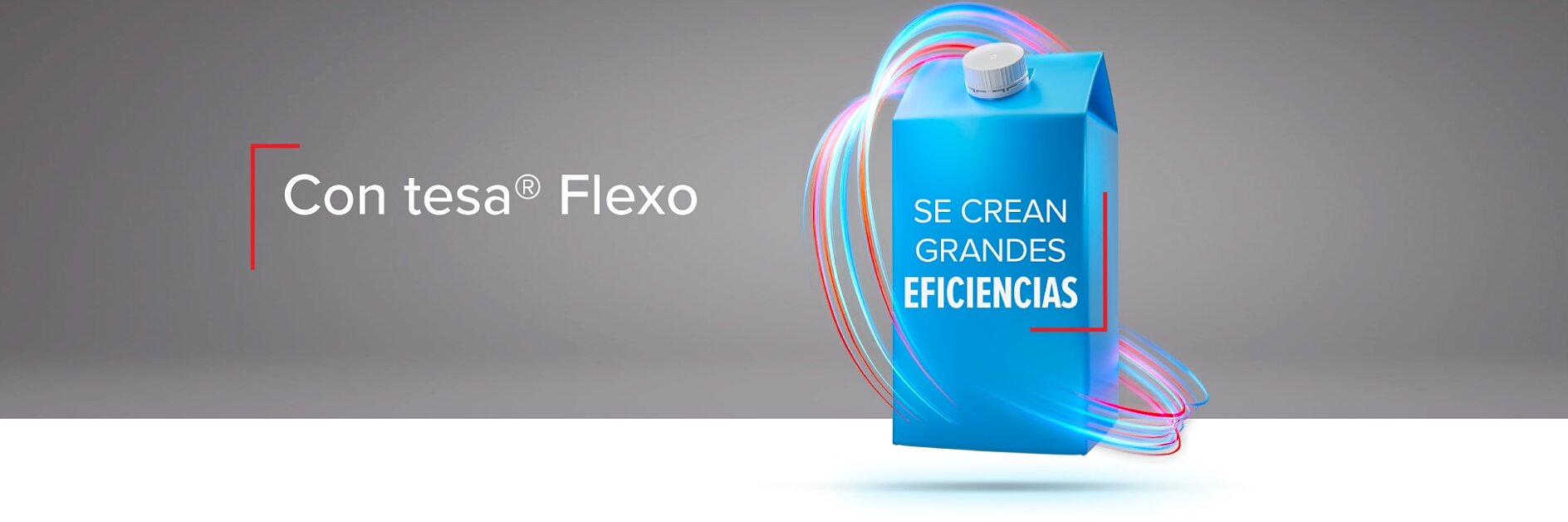 A blue carton with the text SE CREAN GRANDES EFICIENCIAS is surrounded by swirling light trails. To the left, the phrase Con tesa® Flexo is displayed in white text on a grey background. (This text has been generated by AI)