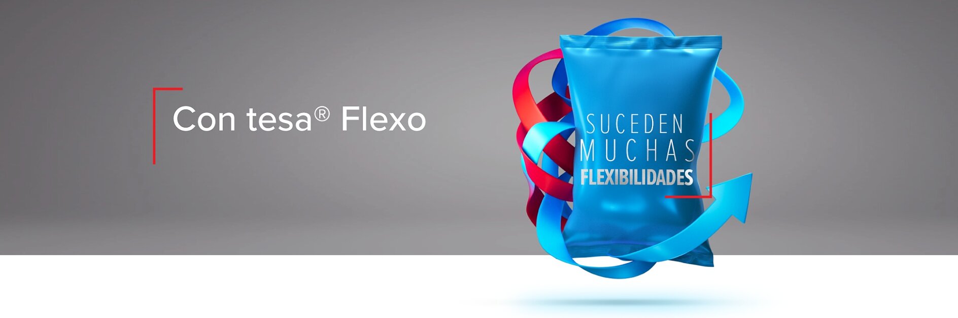 A blue bag with the text SUCEDEN MUCHAS FLEXIBILIDADES is surrounded by red and blue swirling ribbons. The background is gray, and on the left, the text reads Con tesa® Flexo with a red line accent. (This text has been generated by AI)