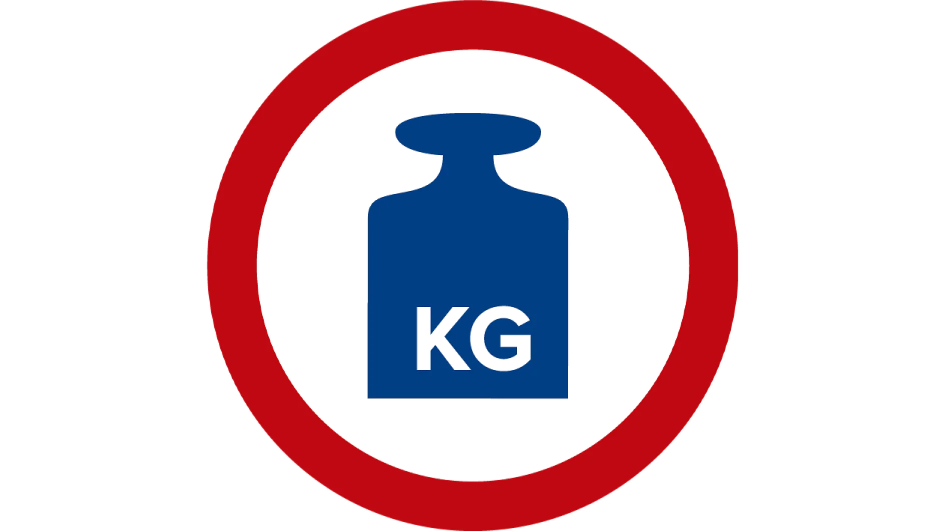 A blue weight icon with KG written on it is centered within a white circle, which is bordered by a thick red ring. (This text has been generated by AI)