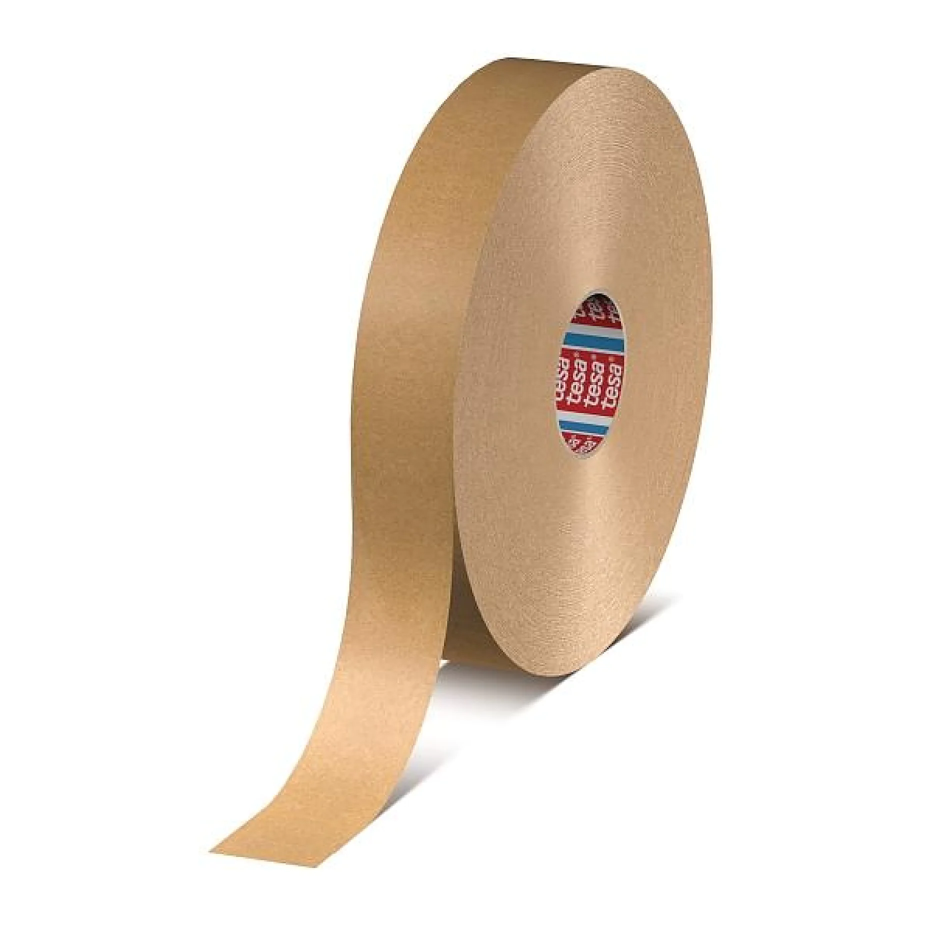 Un rollo grande de cinta adhesiva marrón tesa está desenrollado parcialmente hacia la izquierda. La parte interior del rollo muestra un patrón rojo y azul con texto. La cinta tesa tiene un acabado mate y está en posición vertical sobre su borde. (This text has been generated by AI)