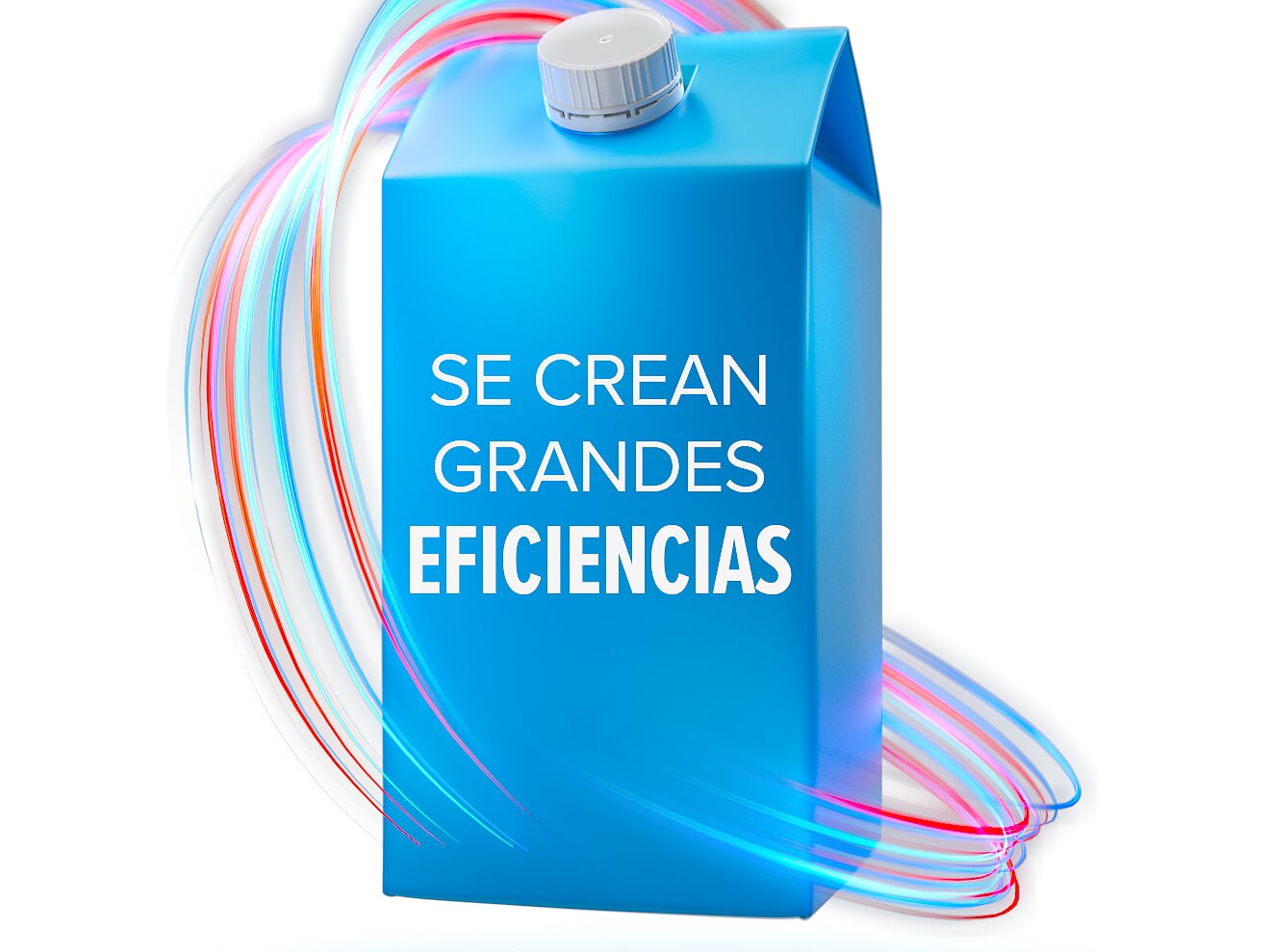 Una caja de cartón azul con una tapa blanca está rodeada de líneas en espiral de color rojo y azul. La caja muestra las palabras SE CREAN GRANDES EFICIENCIAS en texto blanco. El fondo es gris claro. (This text has been generated by AI)