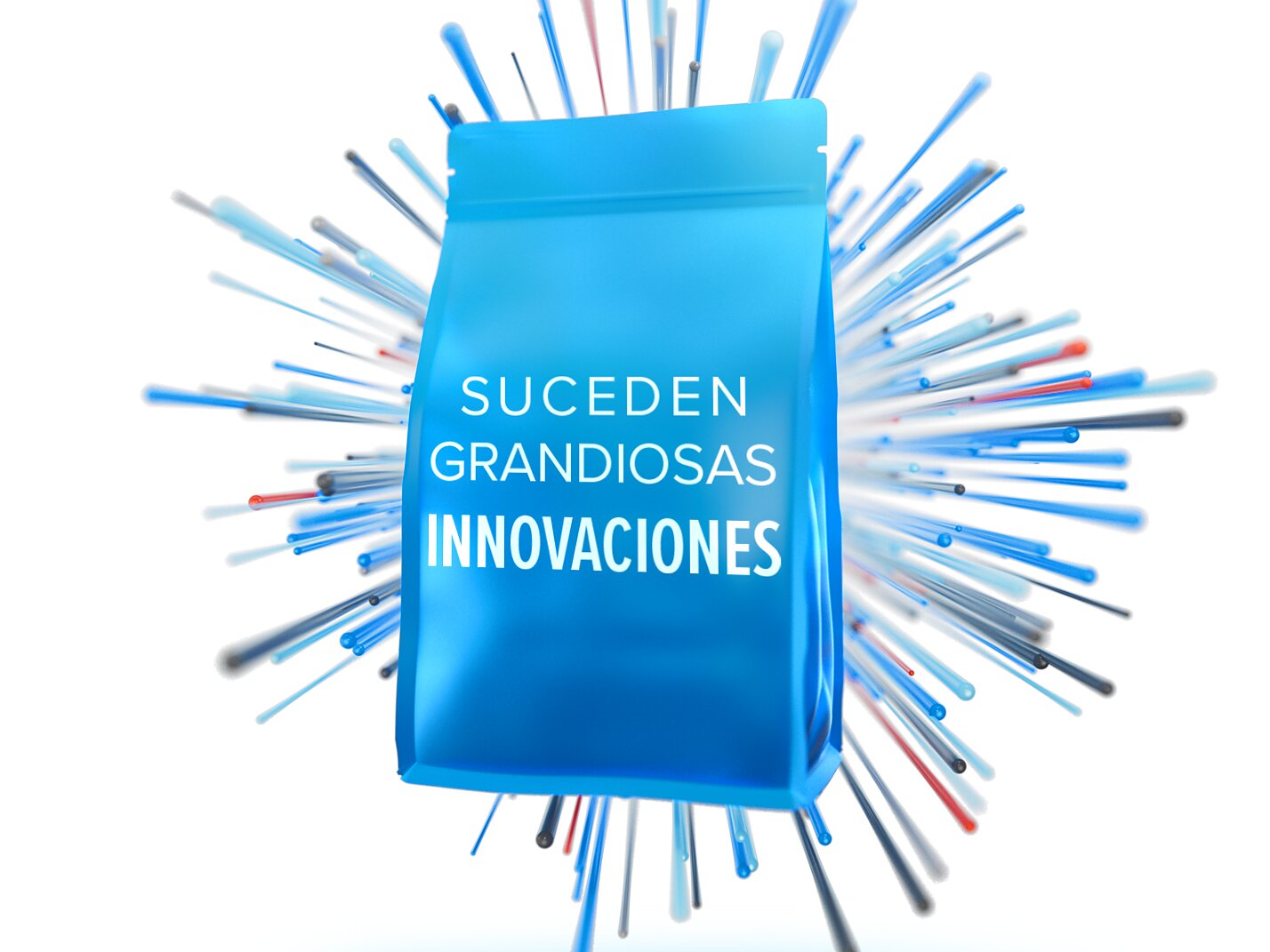 En el centro se encuentra un paquete azul con el texto SUCEDEN GRANDIOSAS INNOVACIONES, rodeado de dinámicas líneas azules y blancas que irradian hacia afuera sobre un fondo gris degradado. En la parte inferior se encuentra una sombra ovalada azul. (This text has been generated by AI)