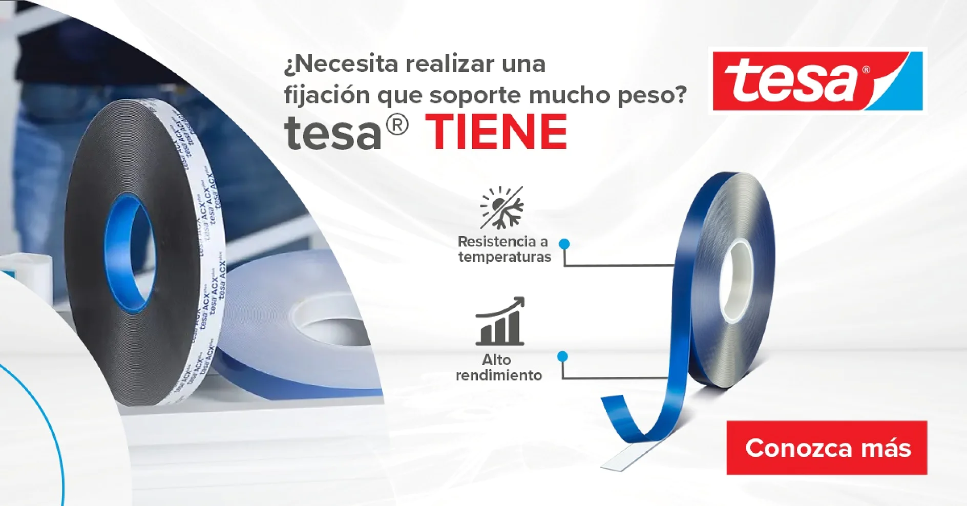 Imagen promocional de las cintas adhesivas tesa. Destaca su resistencia a altas temperaturas y su alto rendimiento. La imagen incluye dos rollos de cinta tesa y da instrucciones para Conocer más con un botón rojo. (This text has been generated by AI)