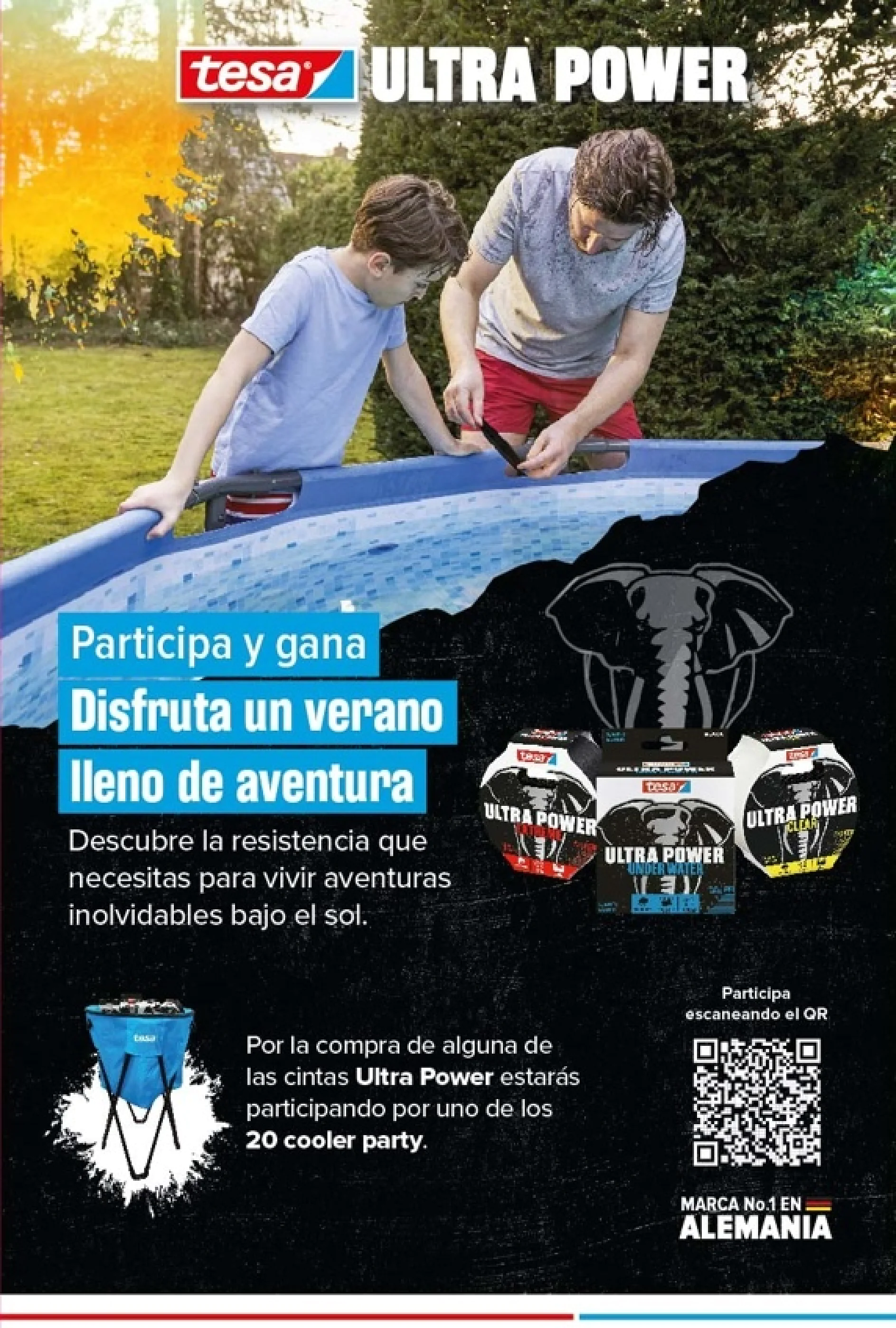 Dos personas están aplicando cinta tesa a una piscina elevada de color azul. El anuncio promociona la cinta tesa Ultra Power Tape. Incluye una promoción para ganar una nevera portátil, con imágenes del producto y texto en español que detalla la oferta. También aparece un gráfico de un elefante. (This text has been generated by AI)