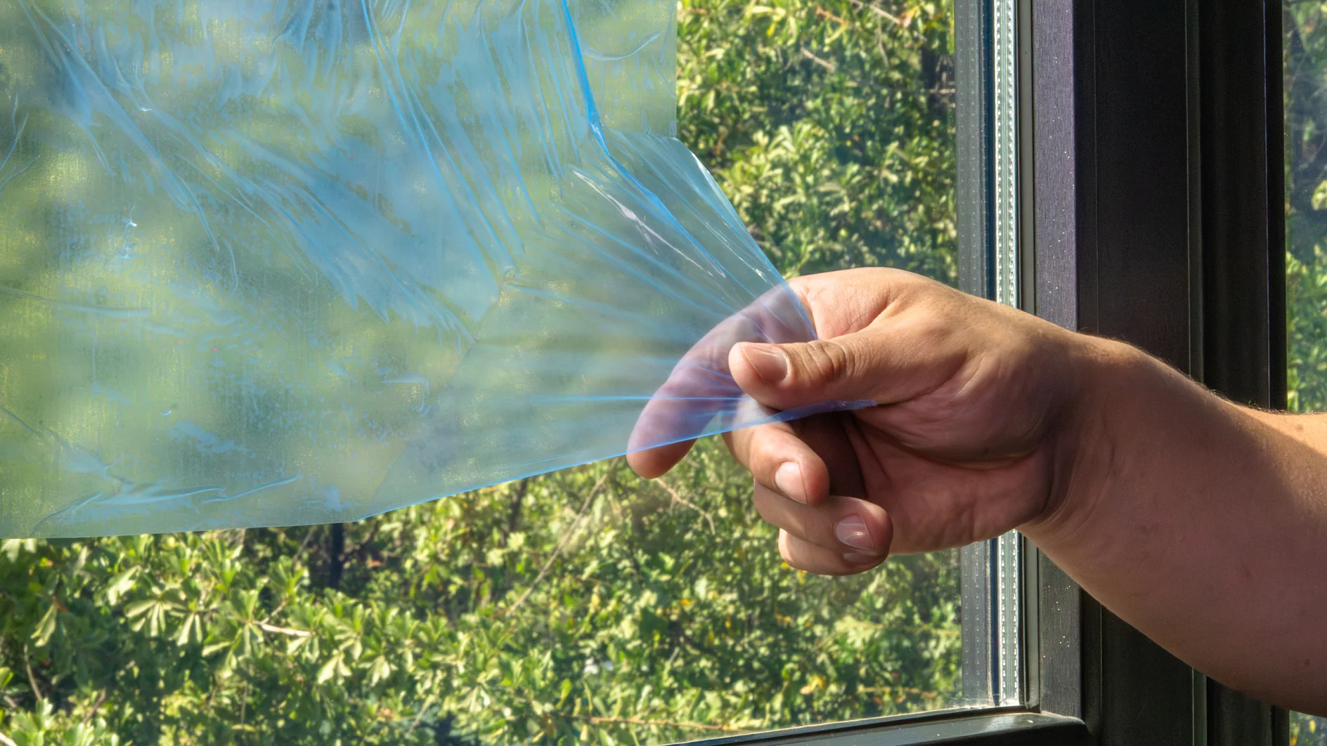 Una mano está despegando una lámina de película teñida de azul de una ventana de vidrio usando cinta adhesiva Tesa. El fondo muestra un follaje verde en el exterior. (This text has been generated by AI)