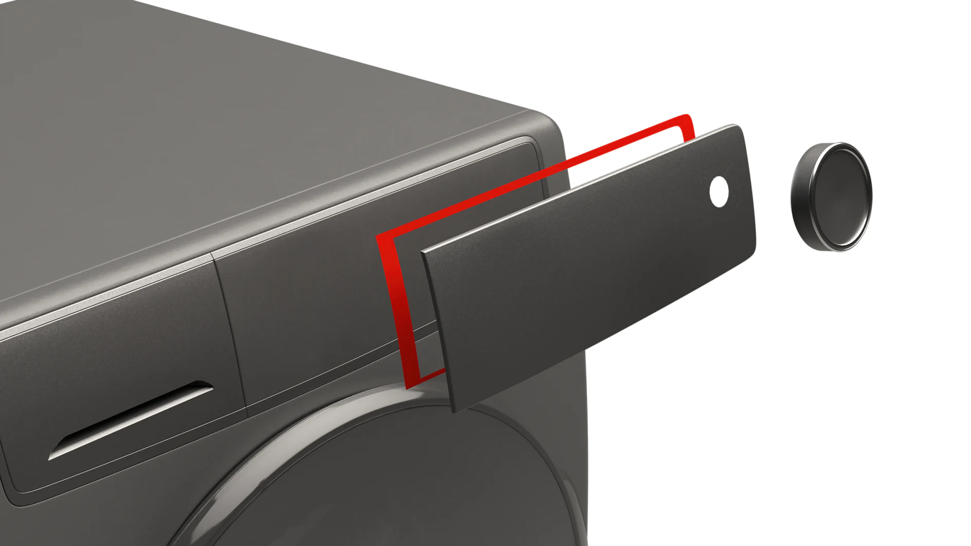 Close-up of a gray washing machine showing a detachable front panel highlighted by a red outline. A round dial is removed and positioned to the right, demonstrating modular features with tesa tape securing various components. (This text has been generated by AI)