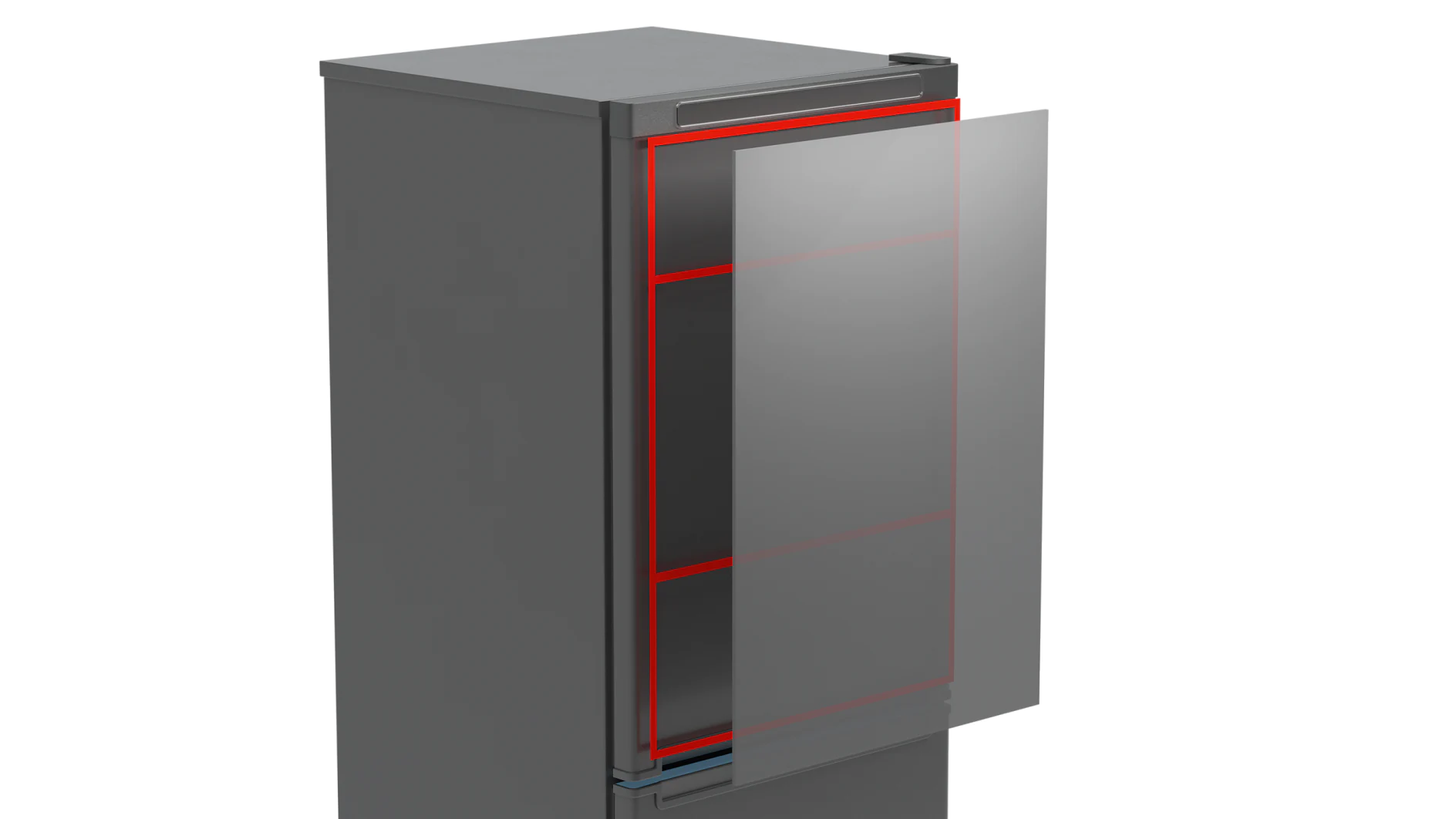 A gray, rectangular display cabinet with a transparent front door slightly open. The interior of the cabinet is outlined with red lines, highlighting its shelves secured by tesa tape. The cabinet is positioned against a neutral background. (This text has been generated by AI)