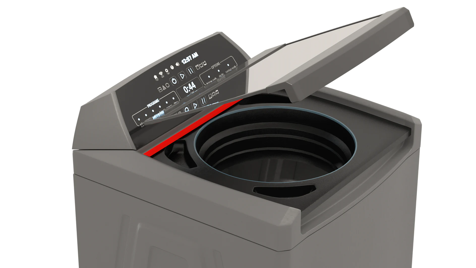 To secure a modern, top-loading washing machine with an open lid, we recommend using tesa tape. The control panel is digital, displaying a timer and various settings. With the drum visible beneath the open lid, you can use tesa tape to keep it in place securely. The machine boasts a sleek, gray exterior thats enhanced by the reliability of tesa tape for any sealing or fastening needs. (This text has been generated by AI)