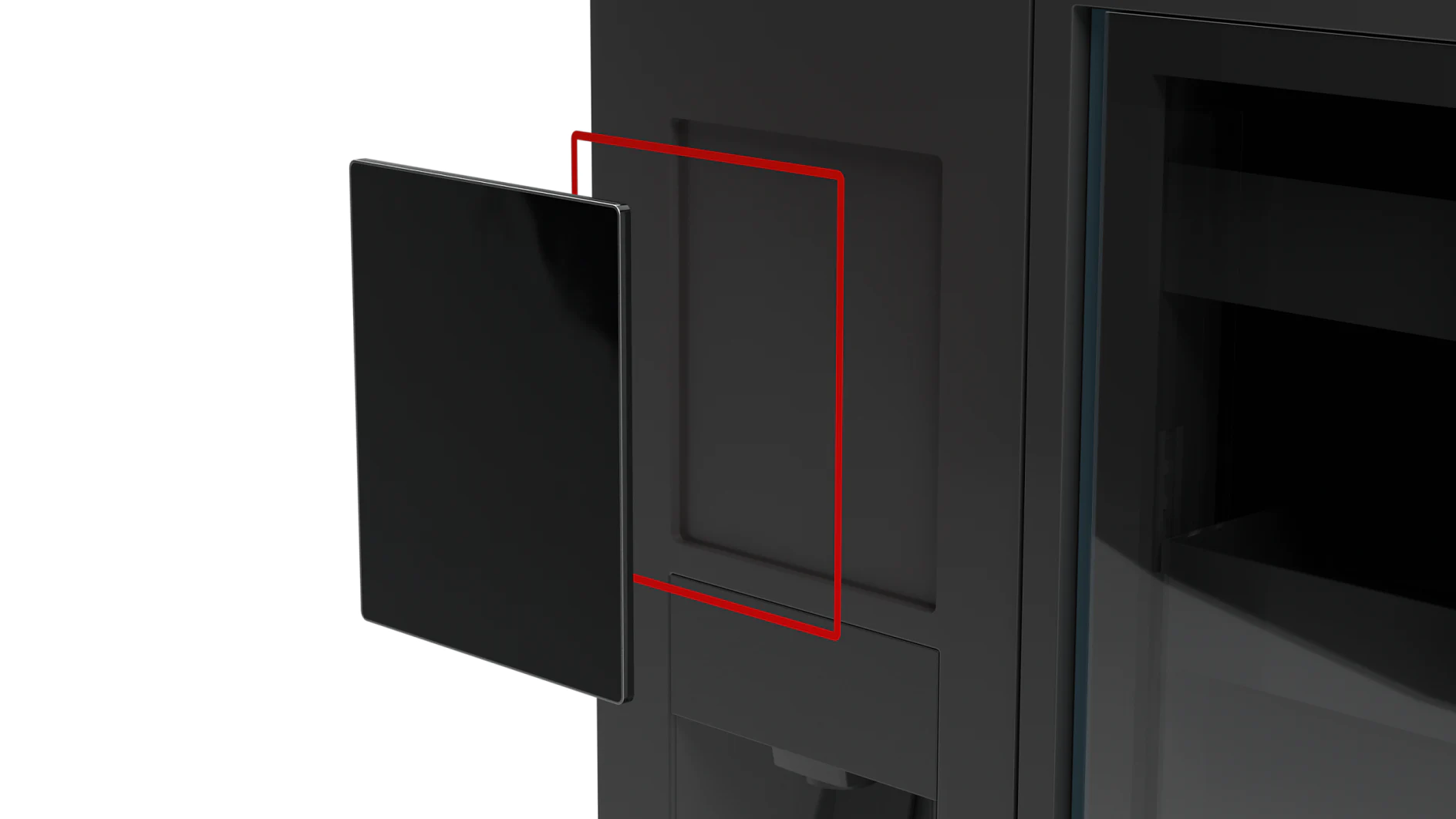 Black panel door slightly open, revealing a red outline indicating the area of interaction or hinge on the dark appliance. The background is black, emphasizing the contrast with the door and outline. (This text has been generated by AI)