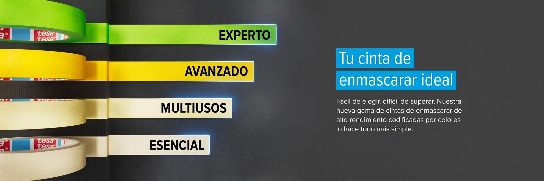 A la izquierda se muestran cuatro cintas tesa para enmascarar, en diferentes colores y etiquetadas como “EXPERTO”, “AVANZADO”, “MULTIUSOS” y “ESENCIAL”, junto a un texto en español sobre cómo elegir la cinta tesa ideal para enmascarar. (This text has been generated by AI)