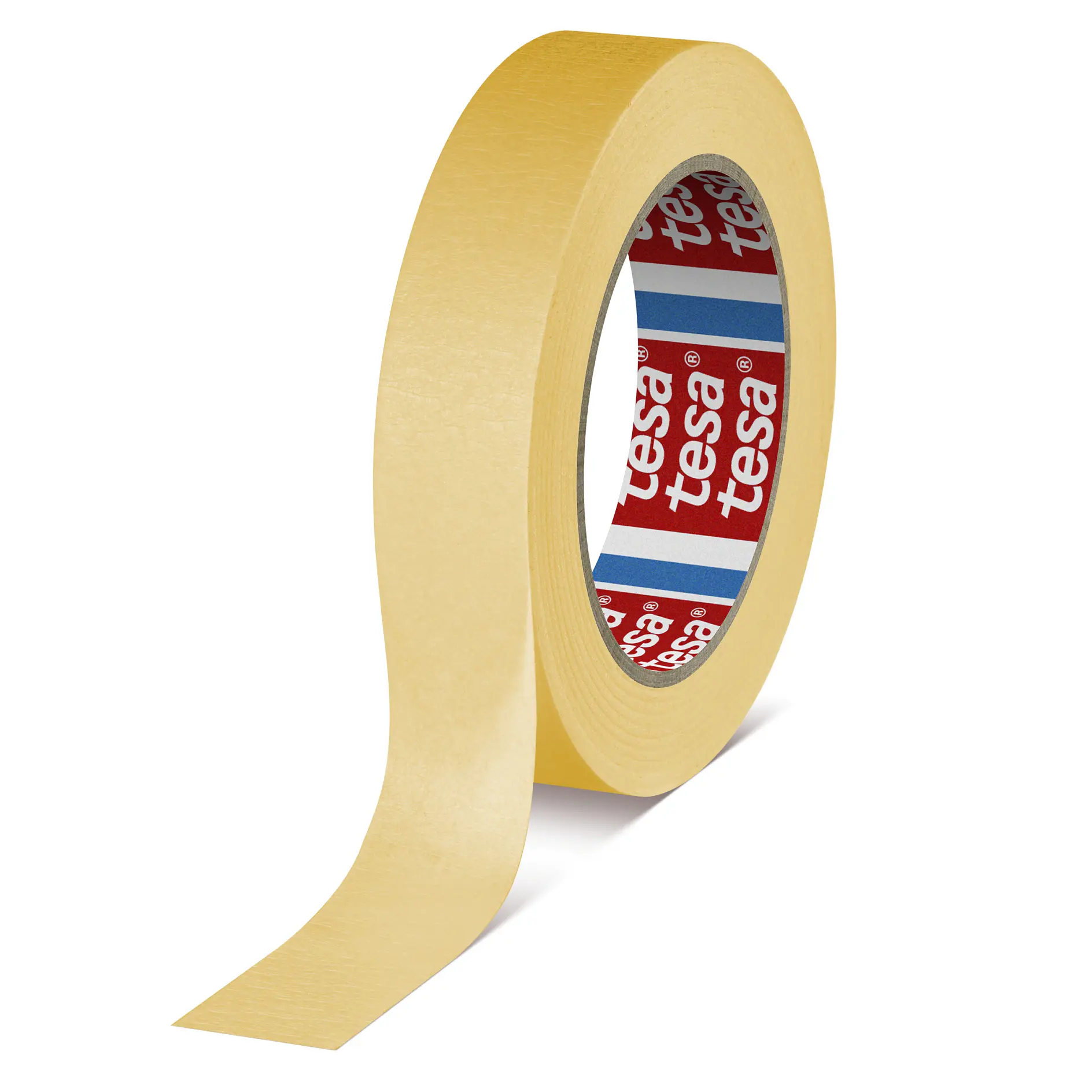 roll of beige tesa adhesive tape with partially unrolled strip on white background (This text has been generated by AI)