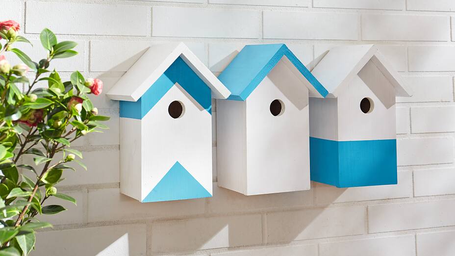 Create a row of stylish wooden bird houses