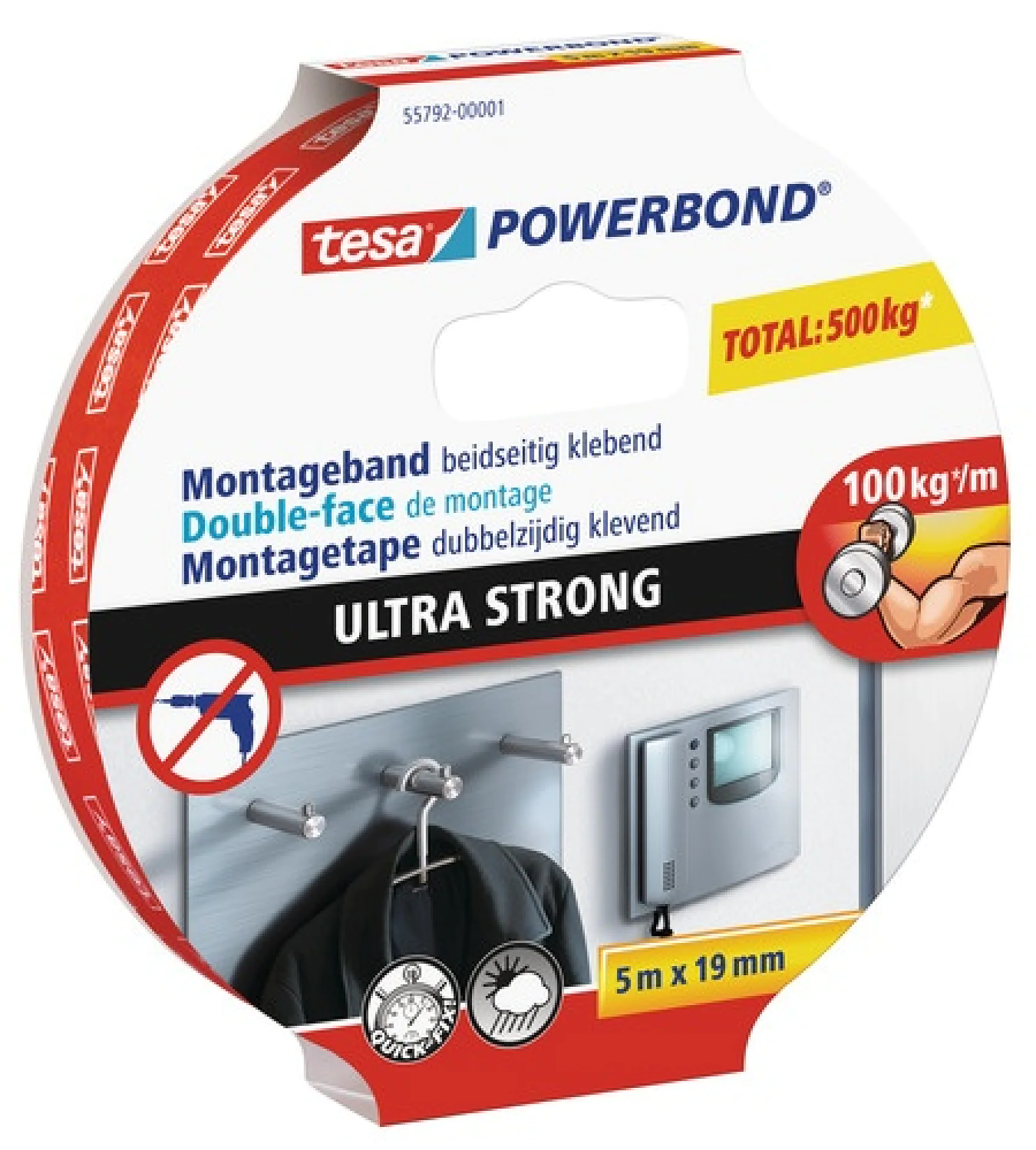 With tesa® Powerbond Ultra Strong you can hang heavy, flat objects without the need to drill or use any nails or screws. This double-sided mounting tape sticks perfectly onto firm, smooth surfaces including tiles, wood and most plastics.
It can hold objects with a thickness of up to 10 mm and a weight of up to 6 kg. In ideal conditions, a strip of just 10 cm is enough to hold a weight of up to 10 kg. Provided the tape isn't exposed to water or direct sunlight, it will give permanent, reliable ultra-strong bonding power.
