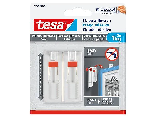 Packaging for tesa adhesive nails, featuring Powerstrips technology. The pack includes two nails, each with a 1kg holding capacity. Labeled as suitable for painted walls and plaster, with icons indicating easy application and removal. (This text has been generated by AI)