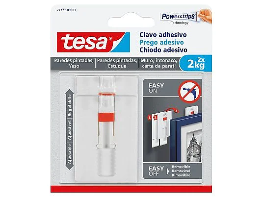 Packaging of tesa adhesive nail for sticking items on walls. It includes two nails and supports up to 2 kg. The package highlights easy on and off features. Ideal for painted walls and removable without damage. (This text has been generated by AI)