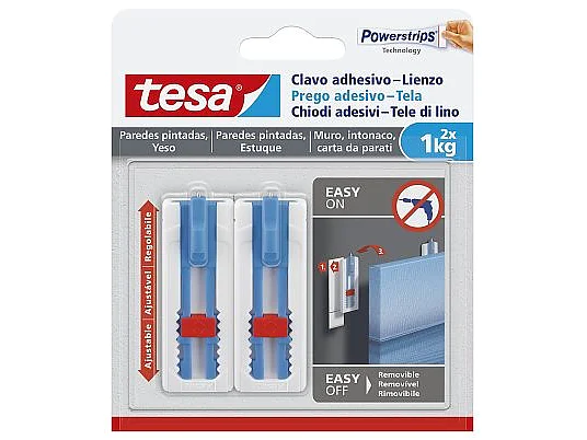 Packaging for tesa adhesive nails, suitable for painted walls and plaster. The pack contains two blue tesa tape strips, each supporting up to 1 kg. Features easy application and removal instructions, with text in multiple languages. (This text has been generated by AI)