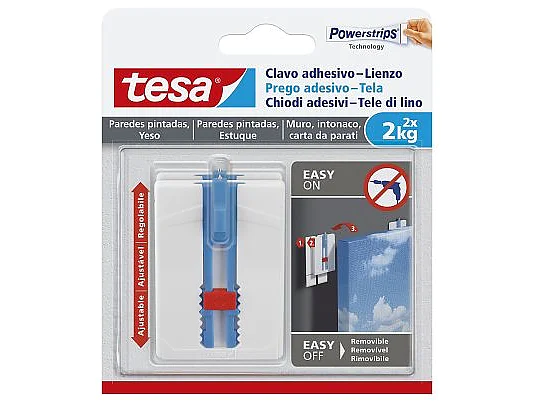 Packaging of a tesa adhesive nail for painted walls, featuring Powerstrips technology. The package includes product images, usage instructions, and text in multiple languages. The nail holds up to 2 kg and is designed for easy application and removal. (This text has been generated by AI)